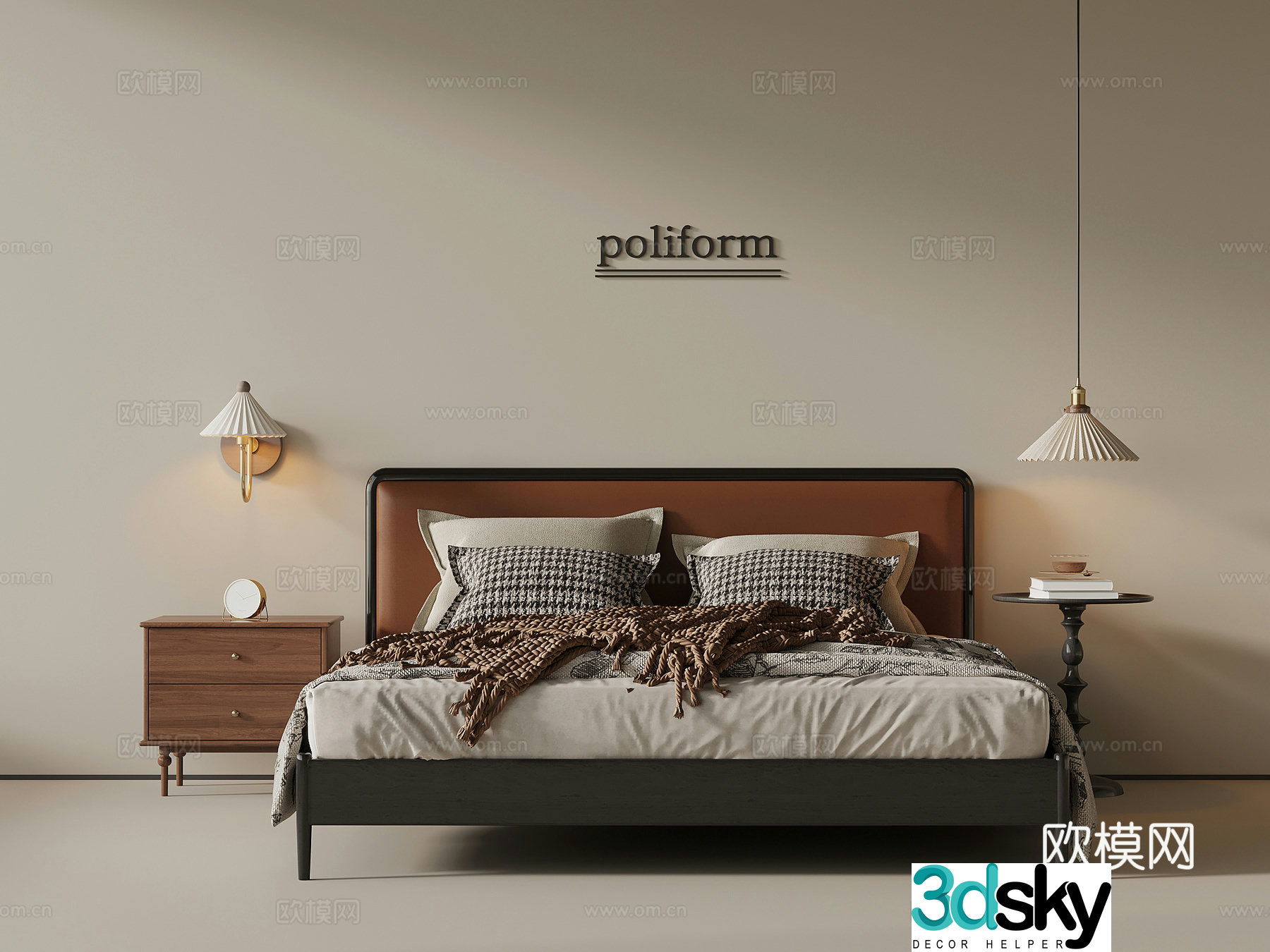 French retro style double bed nightstand chandelier wall lamp 3d model