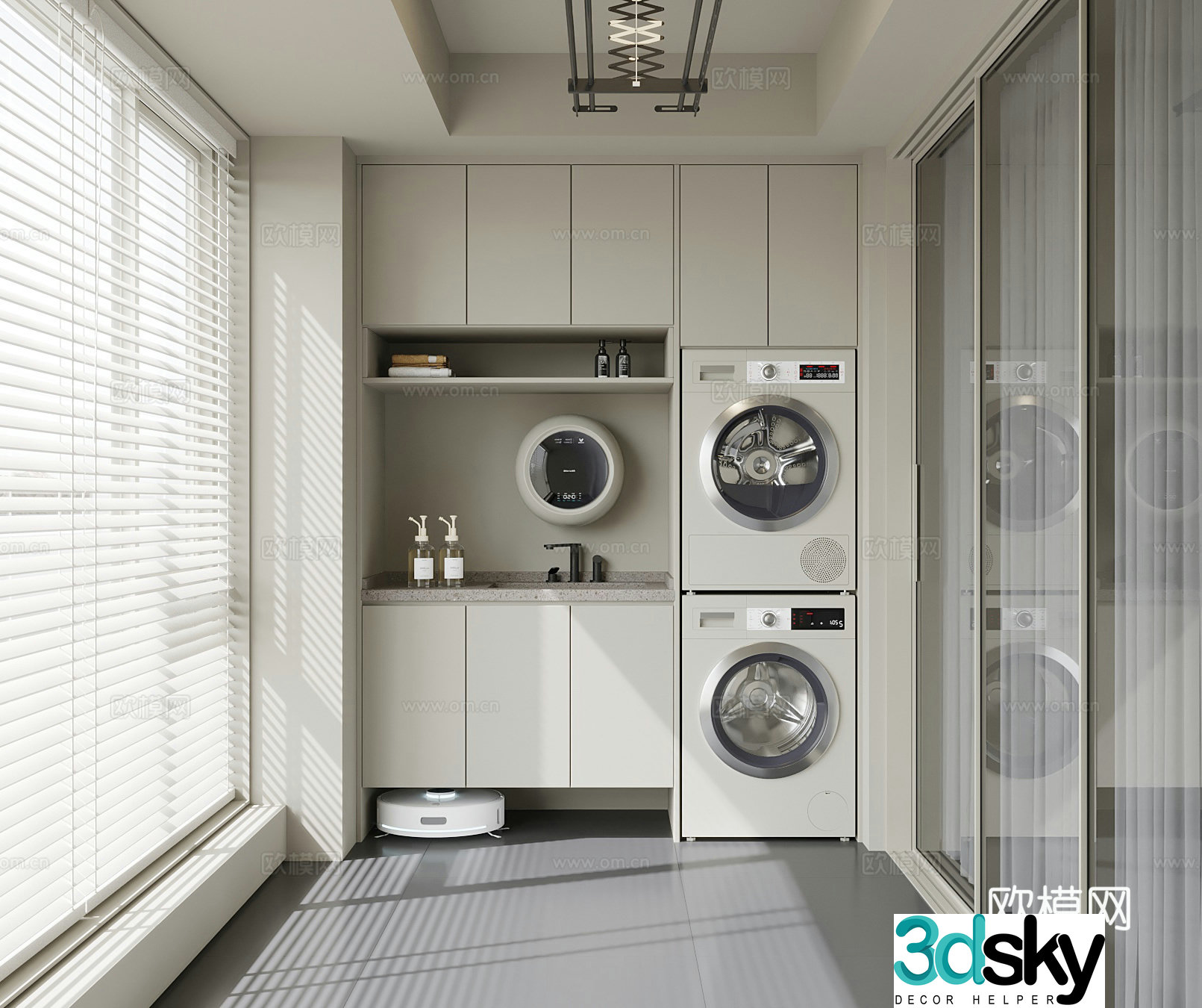 Modern balcony washing machine cabinet clothes drying rack sweeping robot 3D model