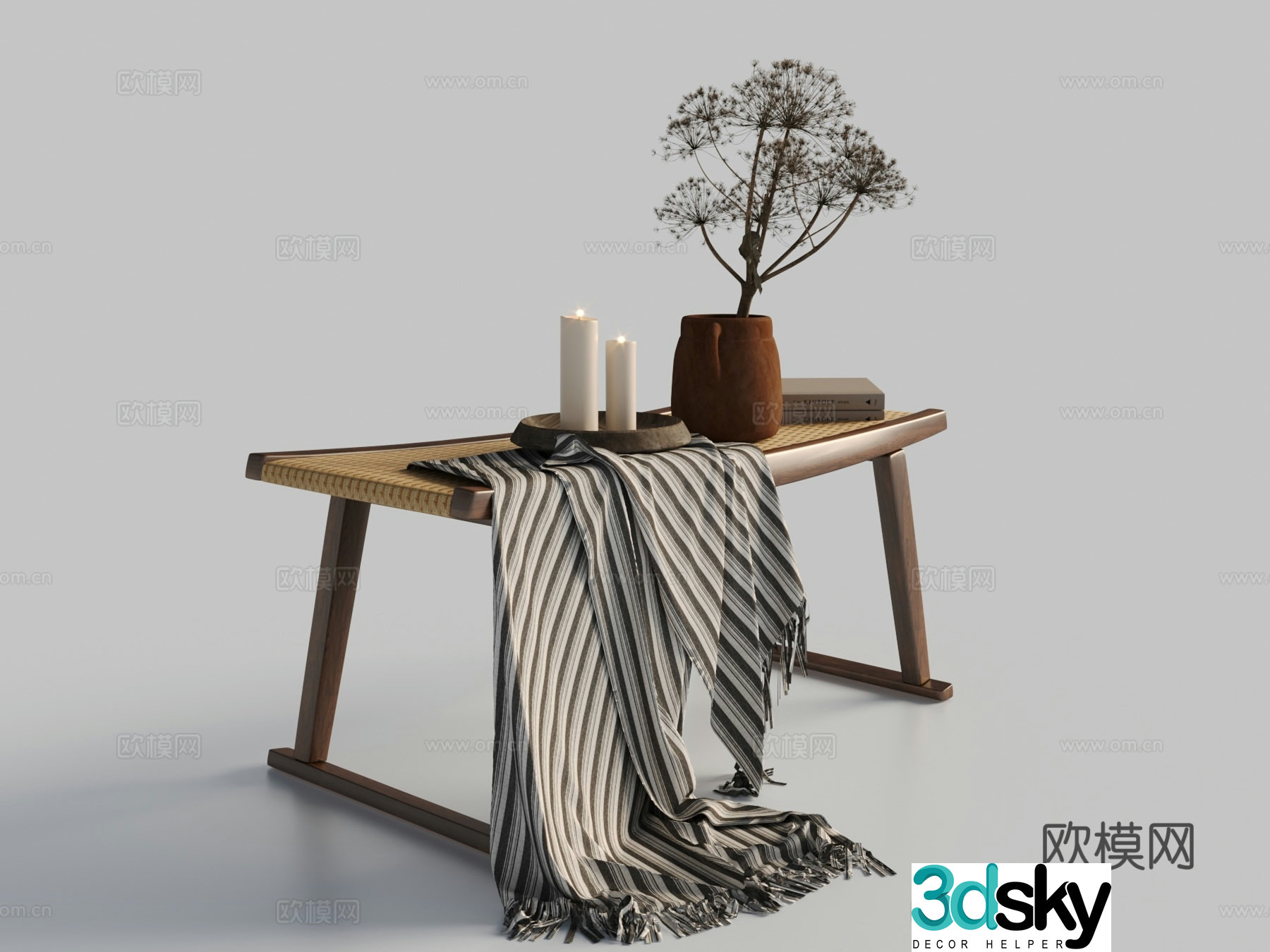 Modern bench fabric green plants book candle 3d model