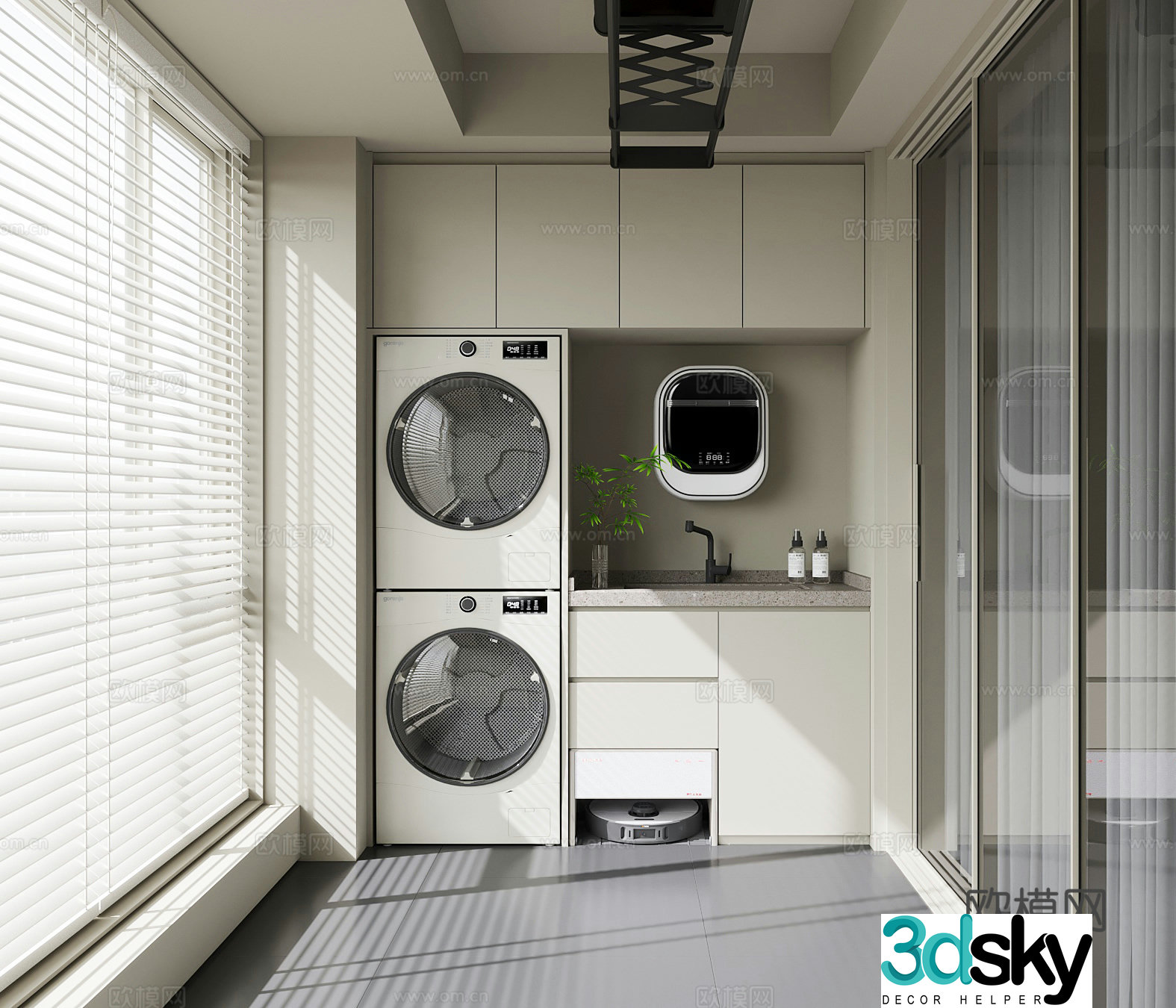 Modern balcony washing machine cabinet clothes drying rack sweeping robot 3D model