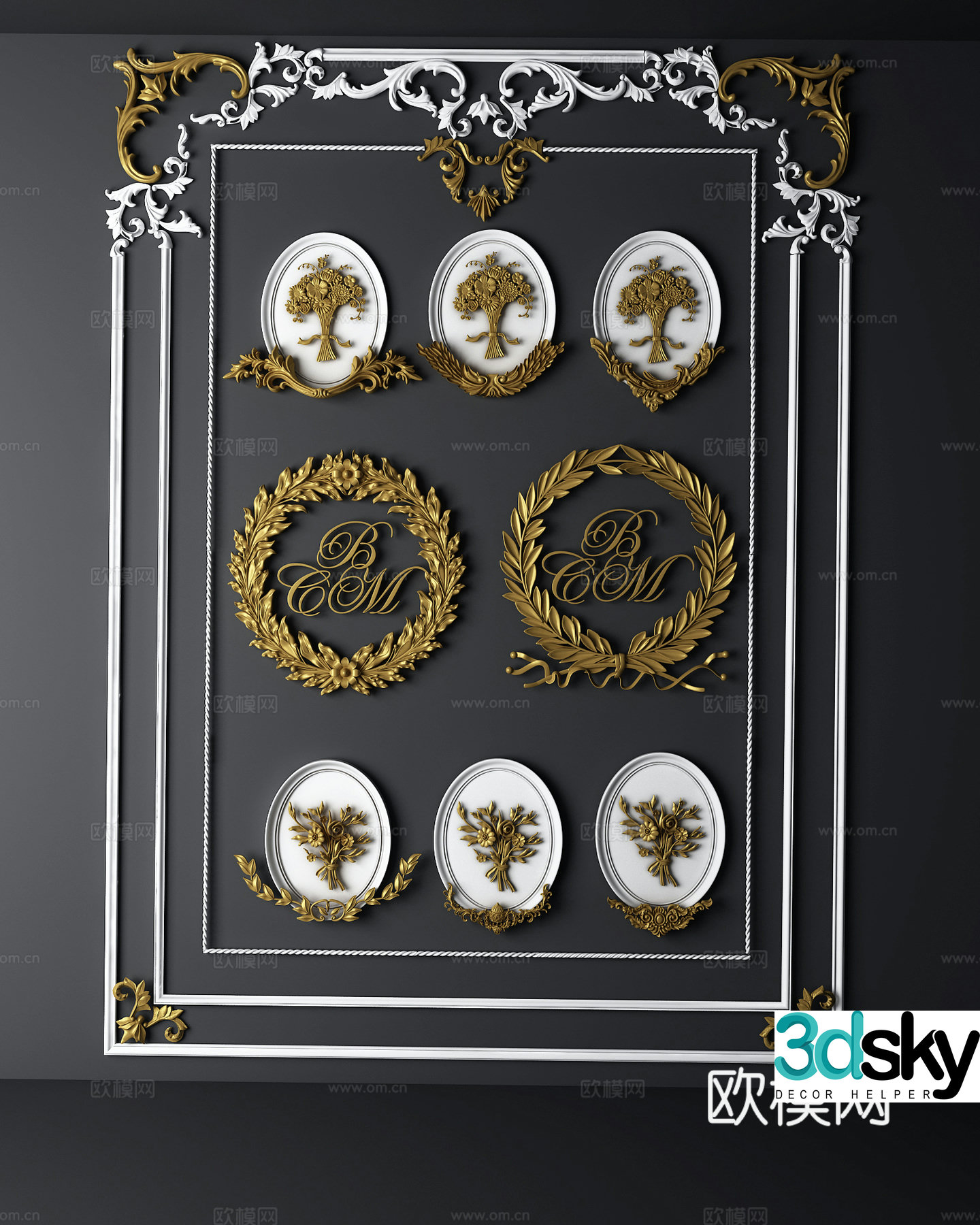 Simple European European style wall decoration gold foil carving component garland combination 3D model