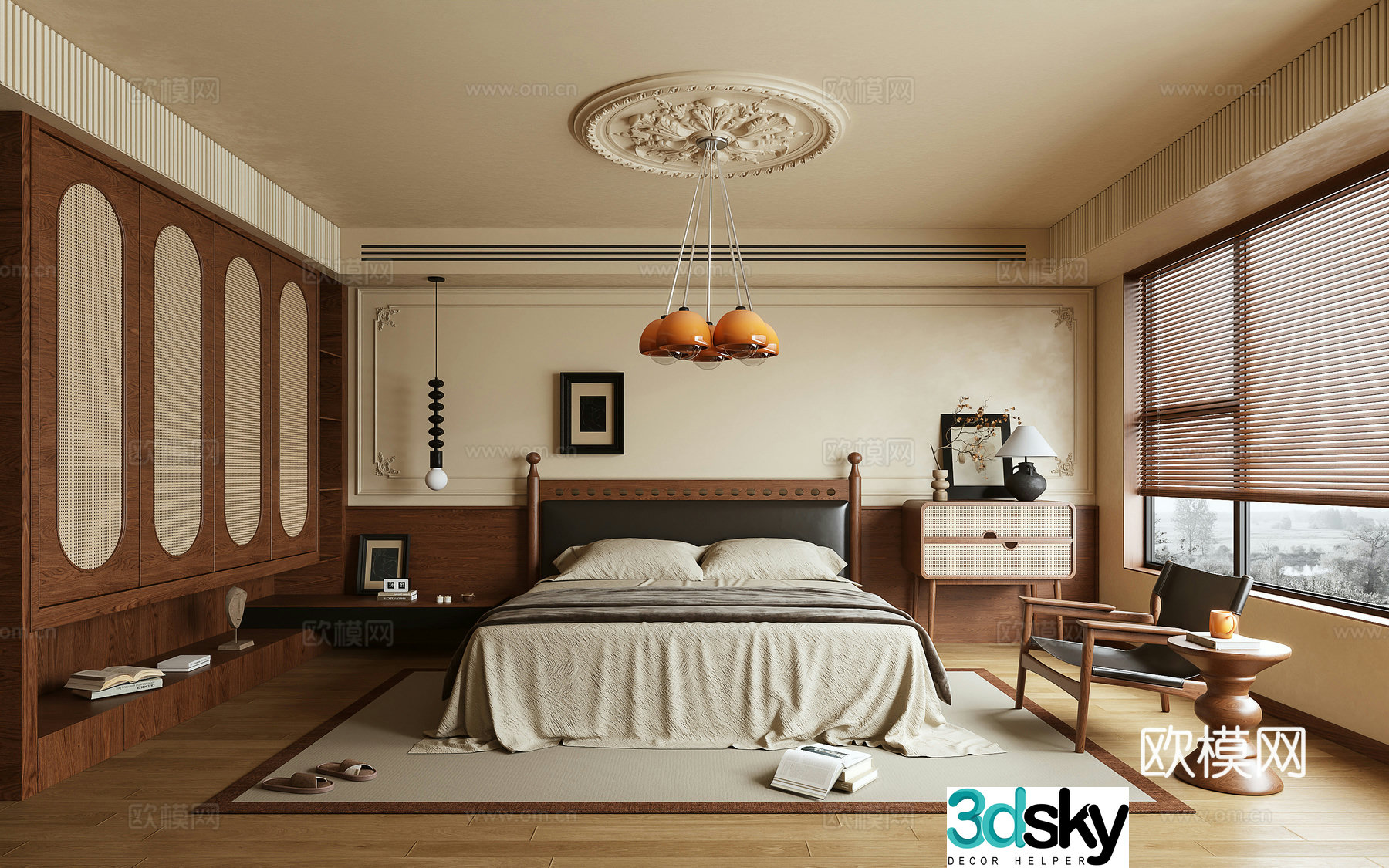Bedroom Double Bed Leisure Chair Wardrobe Chandelier 3D Model