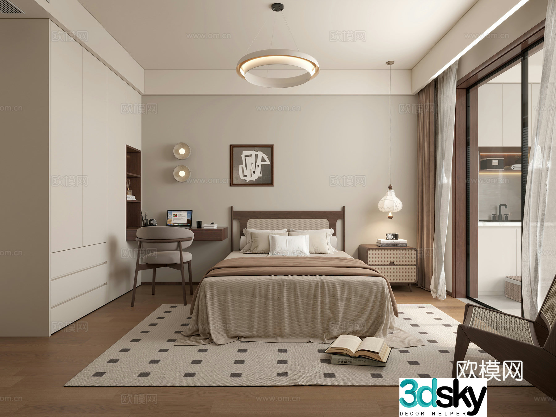 Middle-aged bedroom Middle-aged chandeliers Middle-aged bed nightstand 3D model