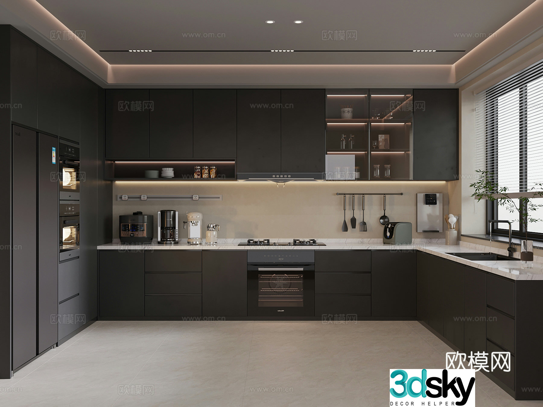 Modern Italian kitchen integrated manufacturing dishwasher refrigerator 3d model