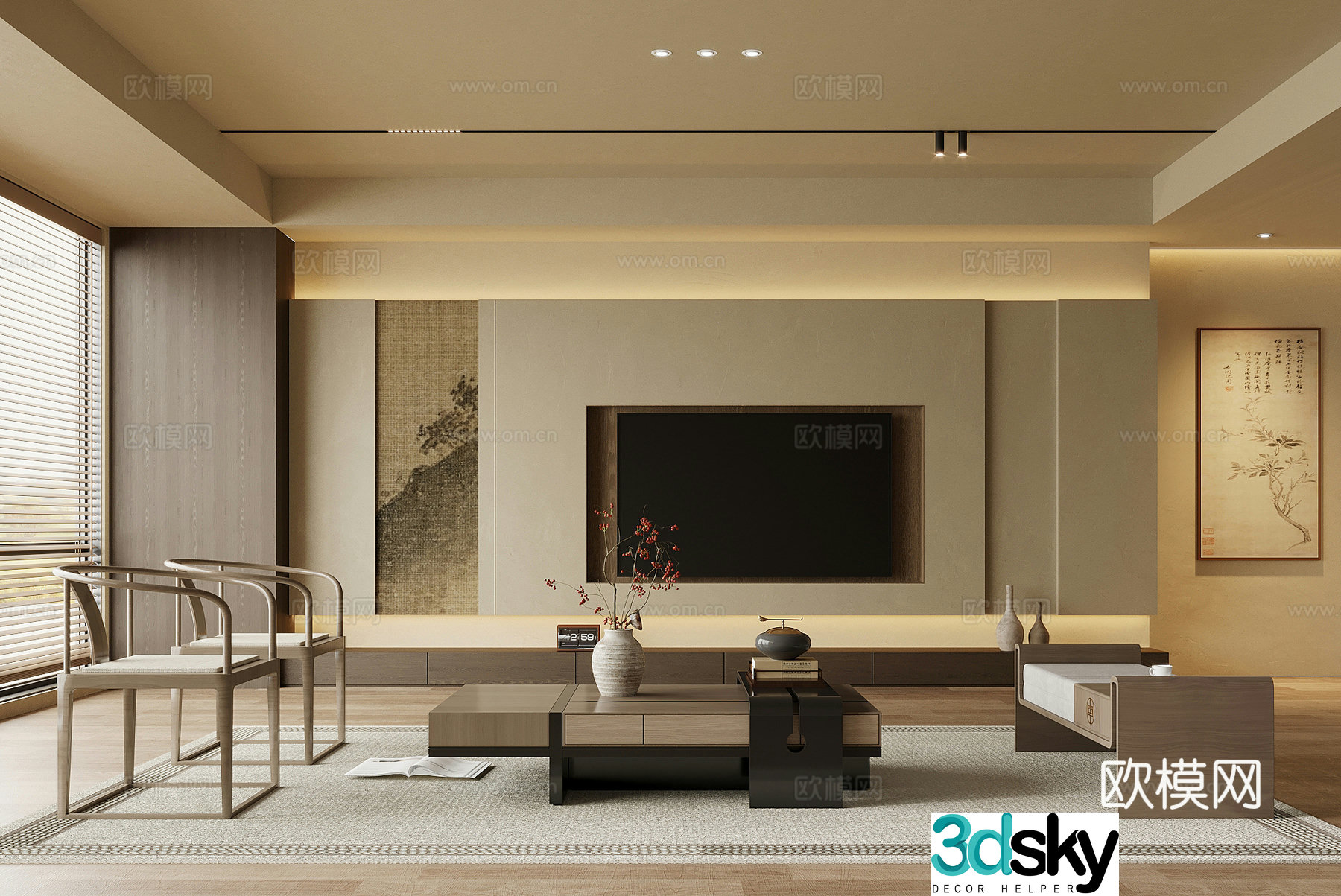 Living room medieval style living room TV background wall sofa coffee table combination 3D model