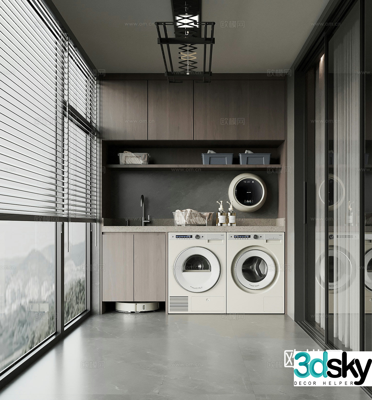 Modern balcony washing machine cabinet clothes drying rack sweeping robot 3D model