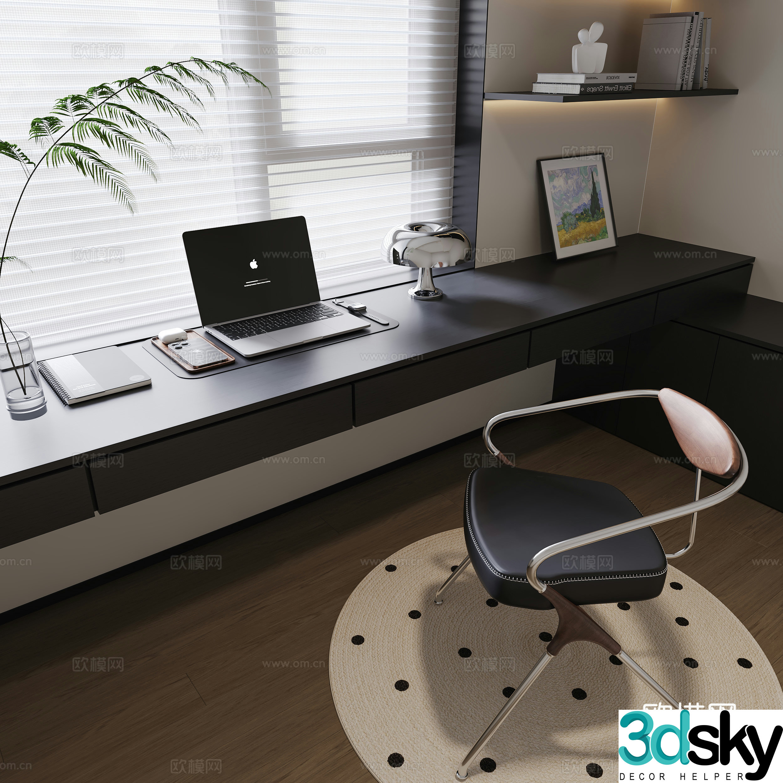 Modern study desk chair single chair computer combination desk lamp ornament bookcase decorative painting 3d model