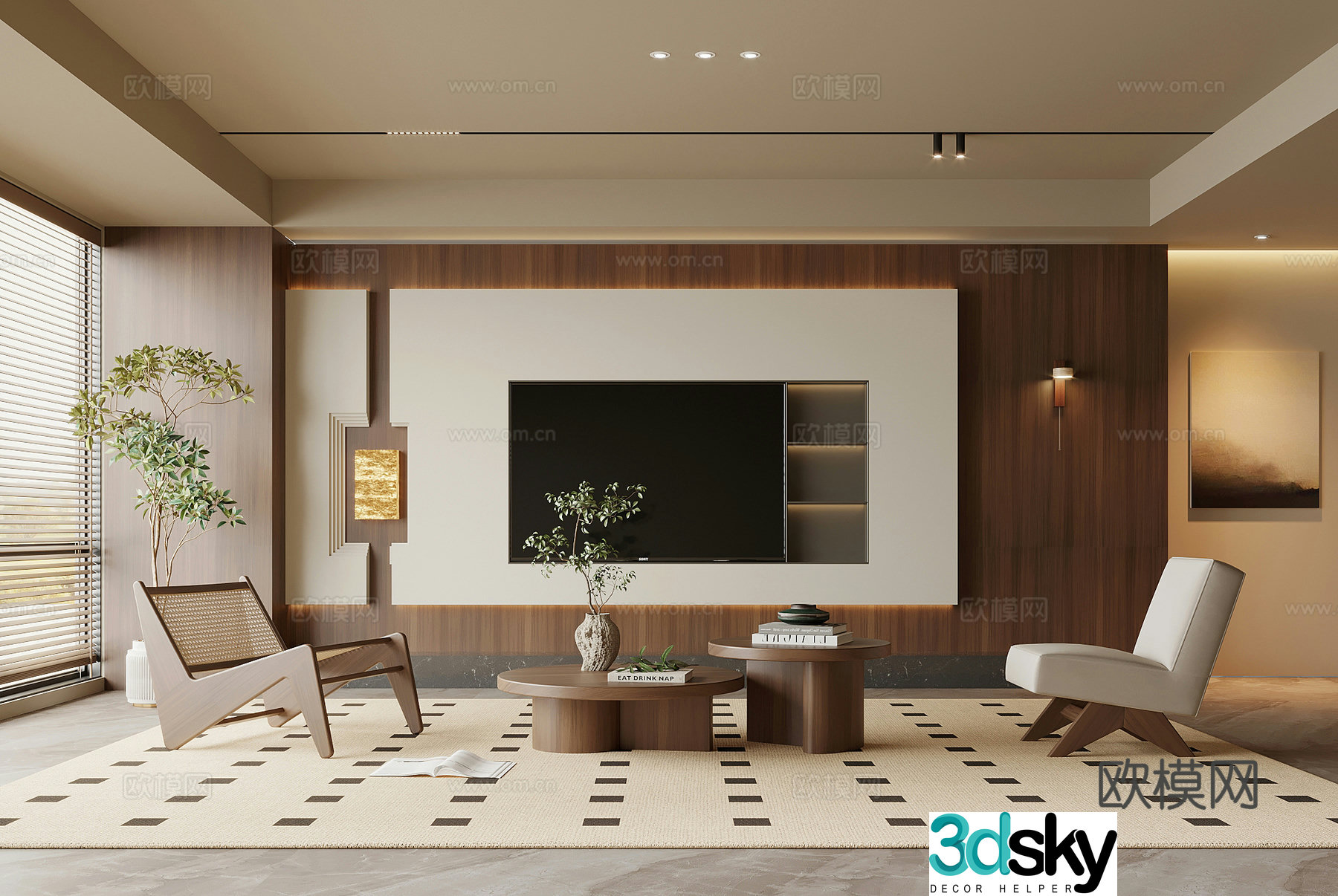 Living room medieval style living room TV background wall sofa coffee table combination 3D model