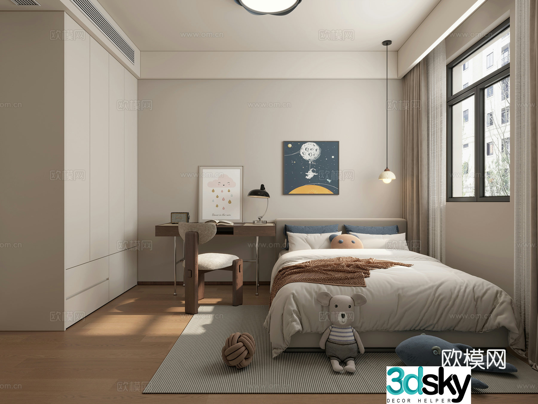 Middle-aged boy room desk chair hanging painting 3d model