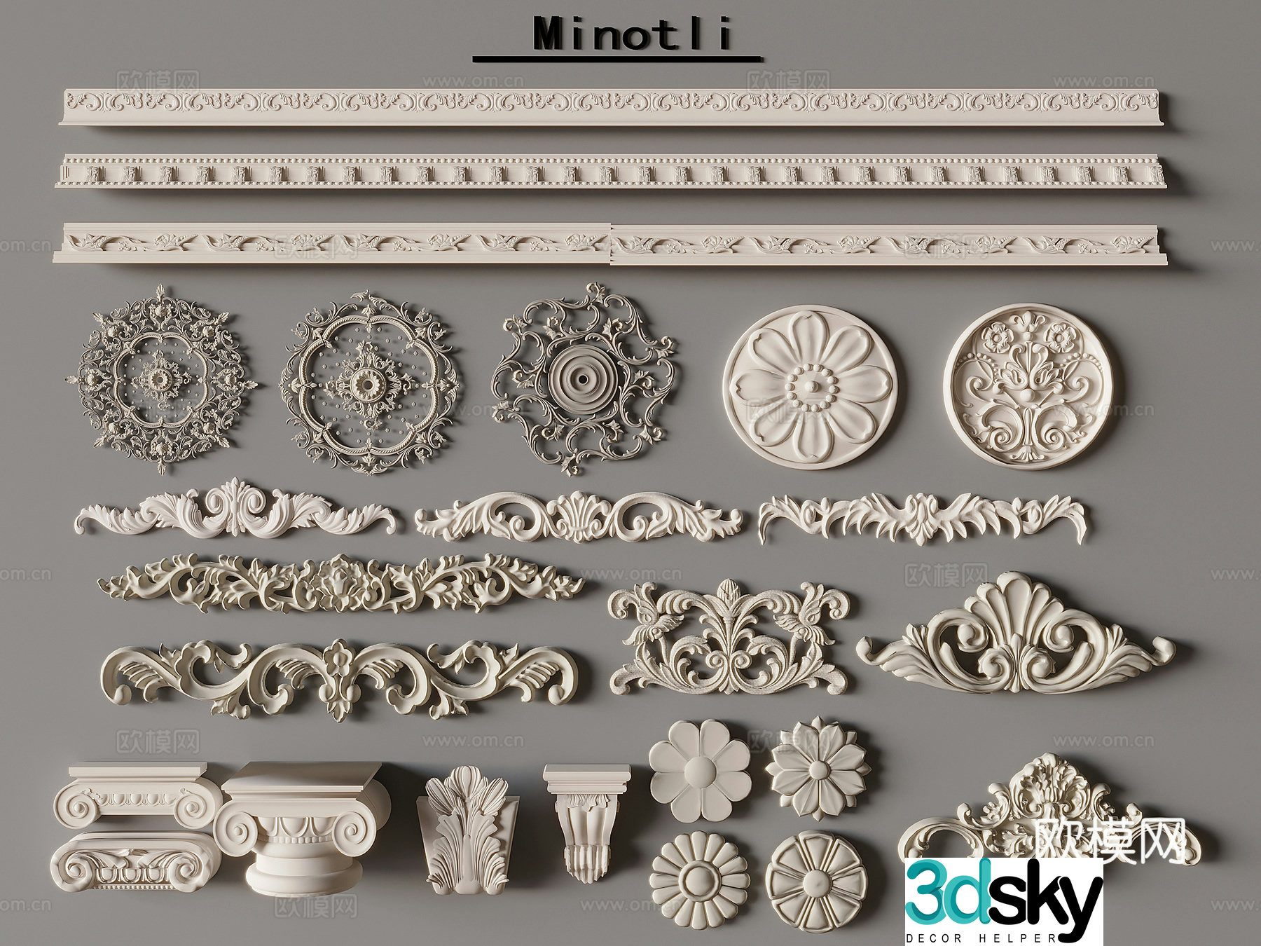French carved gypsum line gypsum corner flower line components French background wall decoration 3D model
