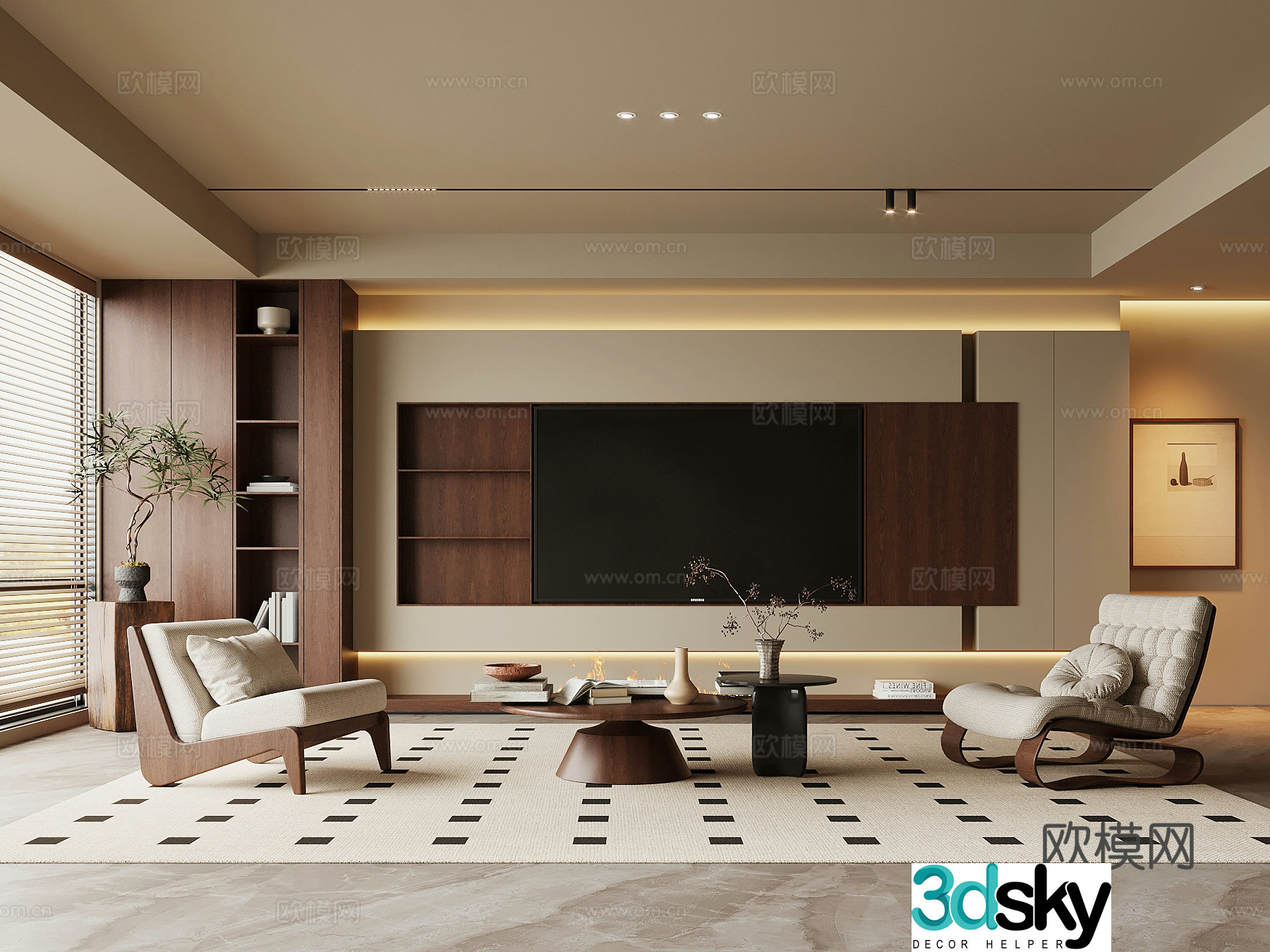 Middle-aged TV background wall 3d model