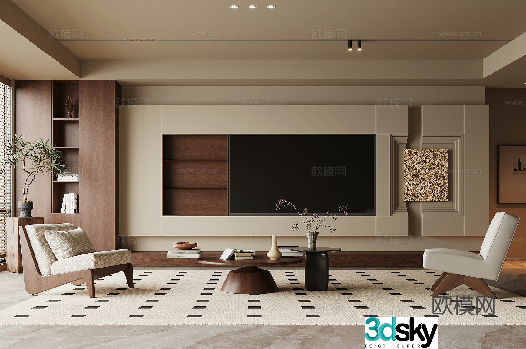 Middle-aged TV background wall 3d model