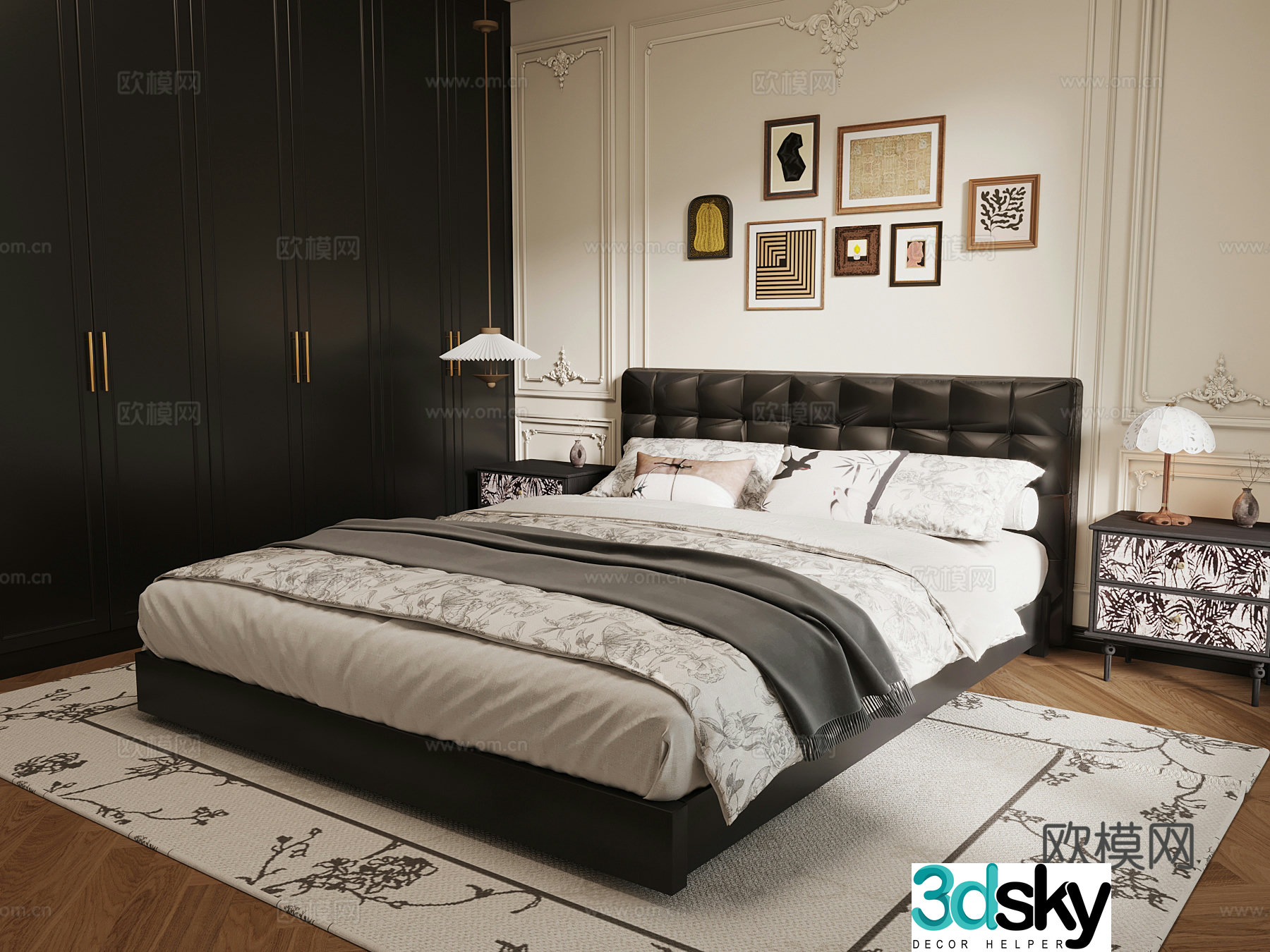 Bedroom French bedroom Double bed Wardrobe Bedside table 3d model