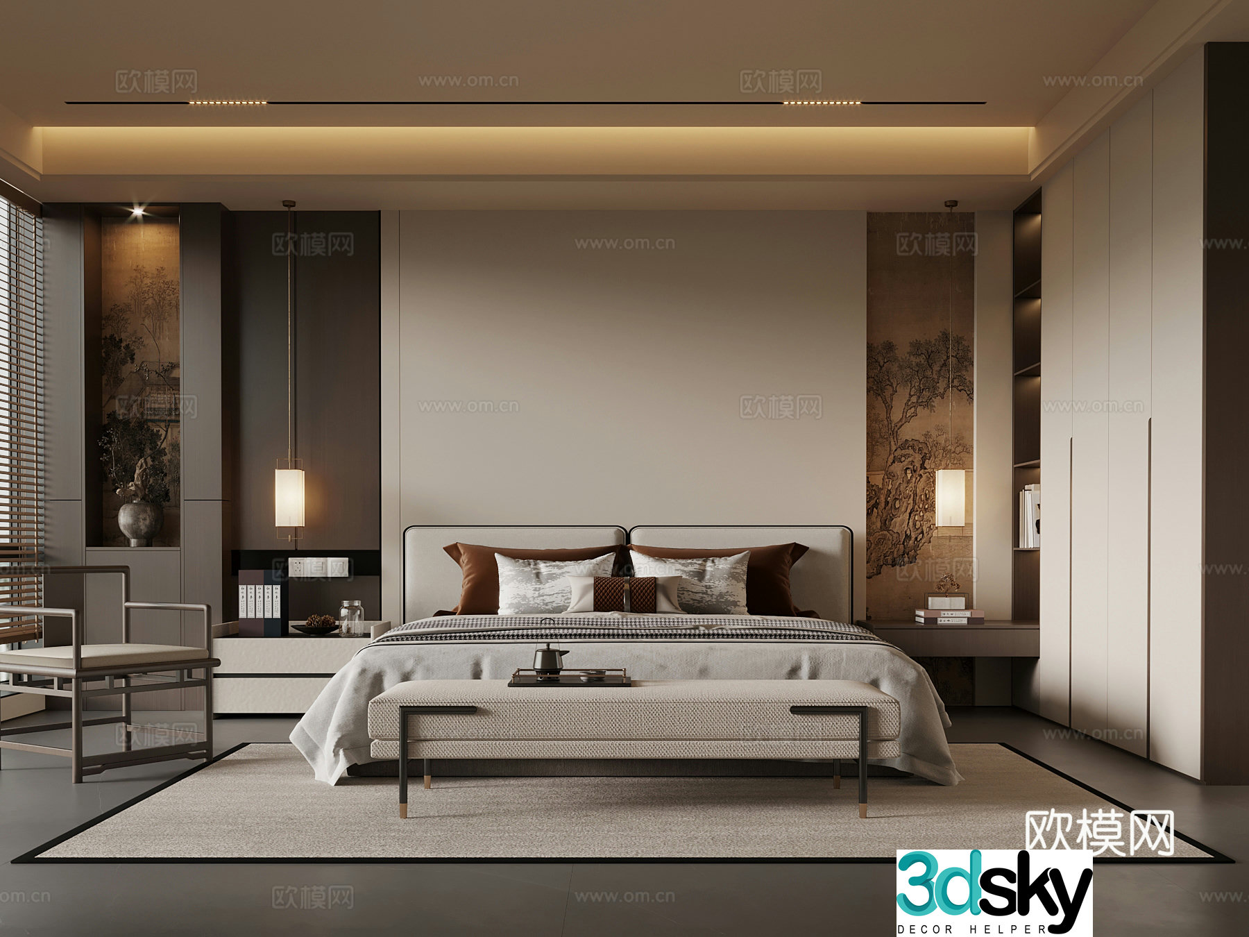 New Chinese style bedroom master bedroom double bed bedside table wardrobe 3d model