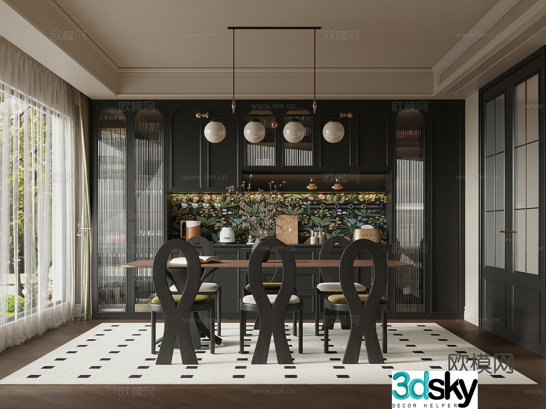 French restaurant wine cabinet dining table and chair 3d model