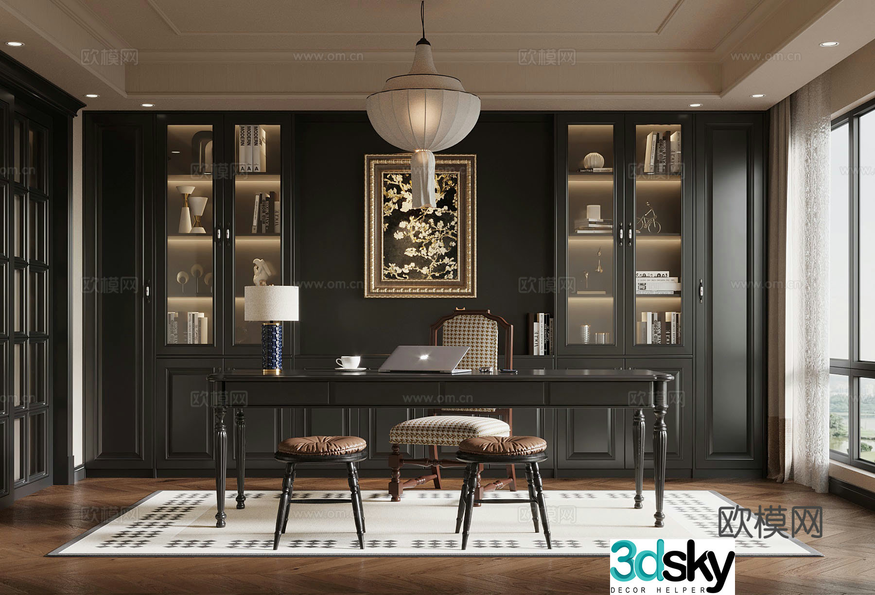 French study desk chair bookcase chandelier 3d model