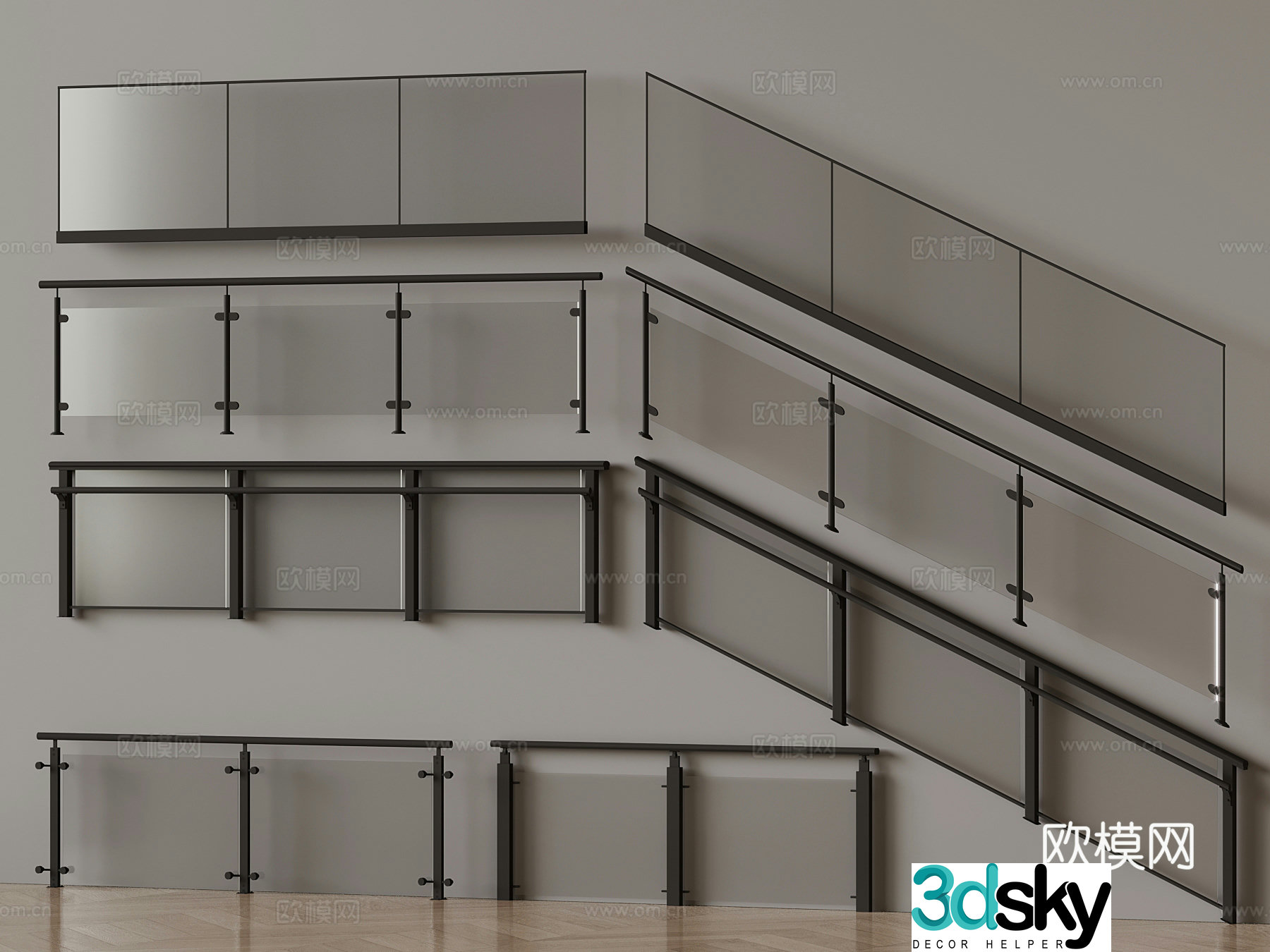 Modern glass railing handrail 3d model