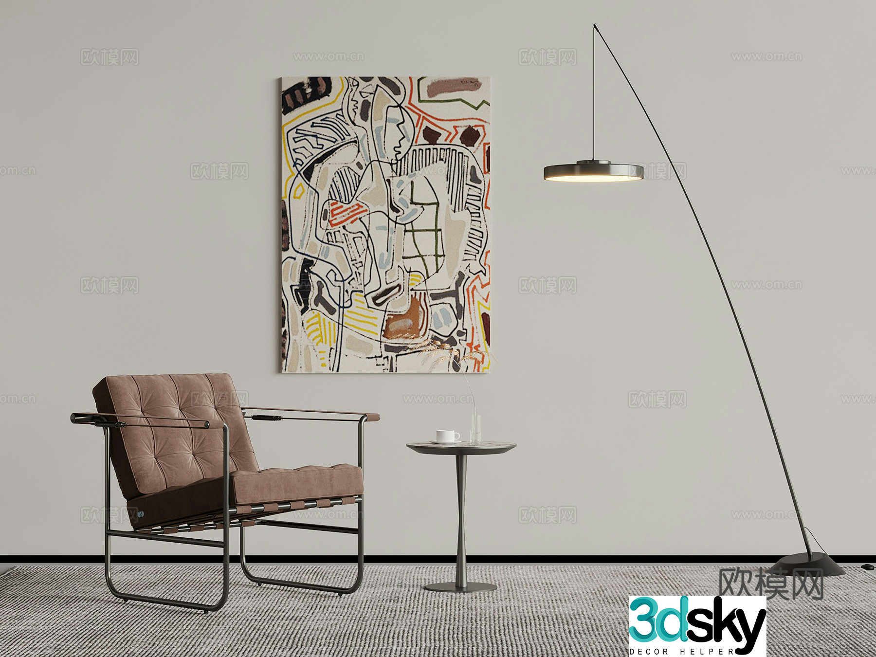 Modern simple leisure chair side table floor lamp hanging painting 3d model