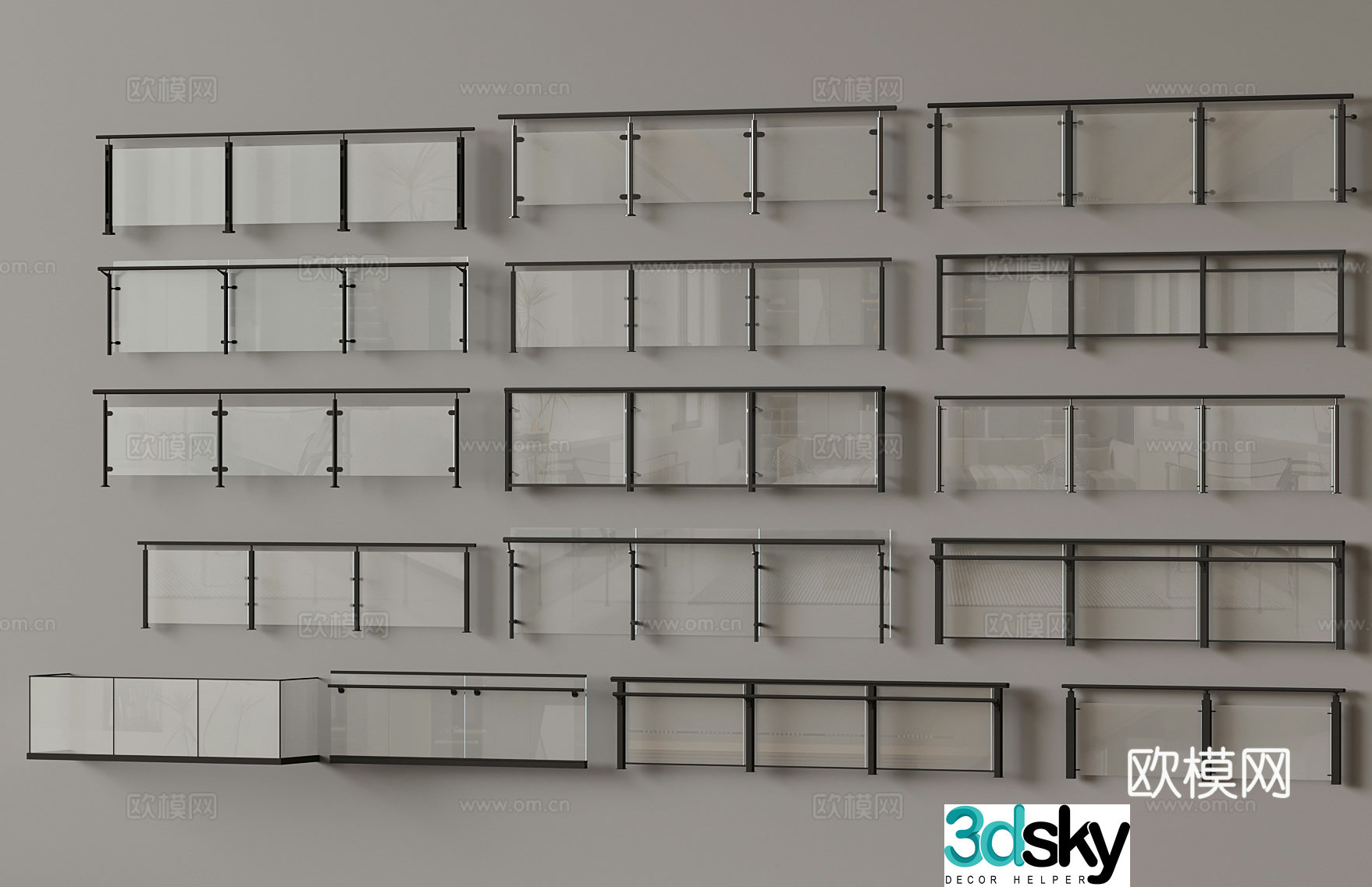 Modern glass railing handrail 3d model