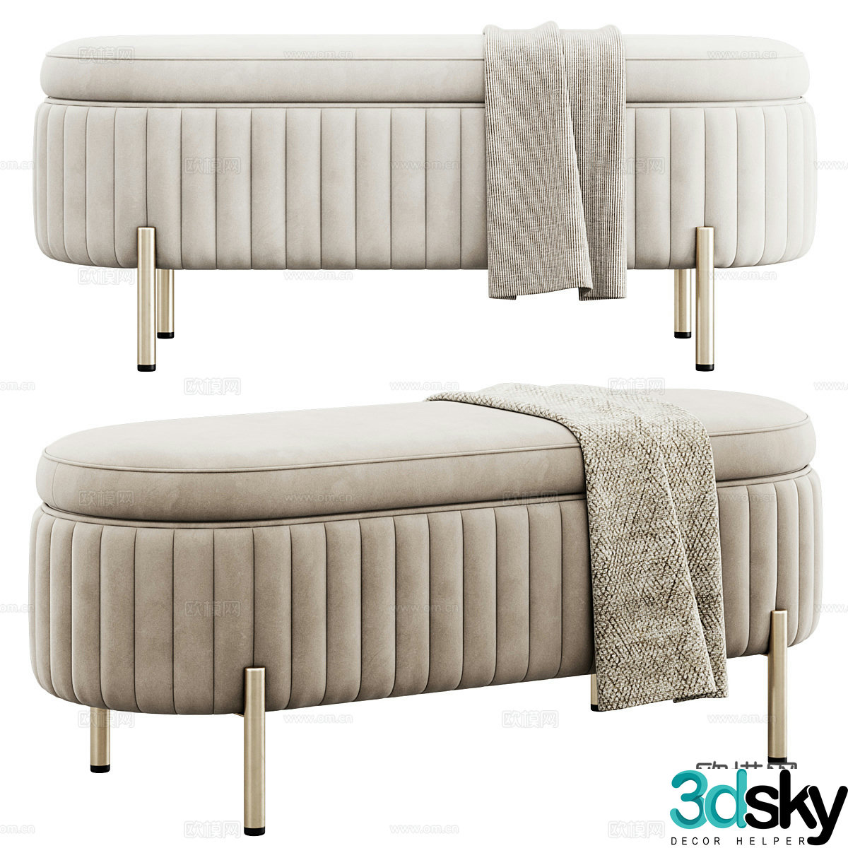 Modern light luxury fabric bench strip bench tail stool 3D model