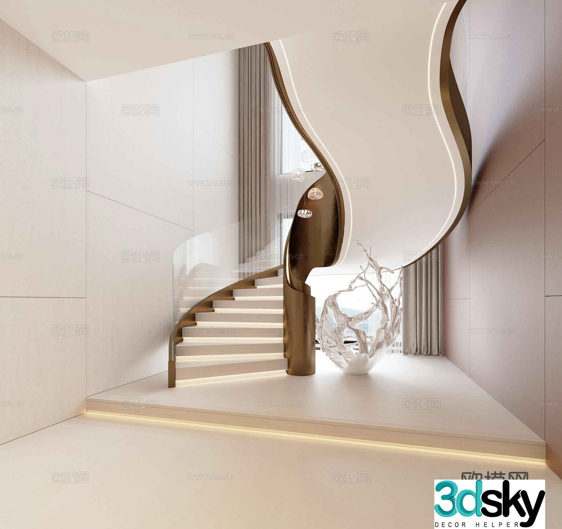 Modern light luxury stairwell landscaping 3D model