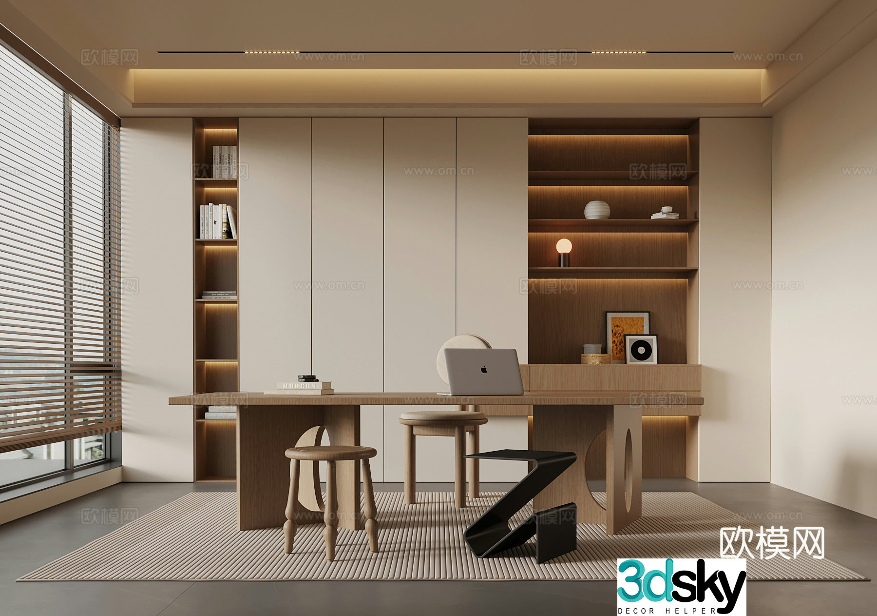Middle-aged study bookcase desk and chair 3D model