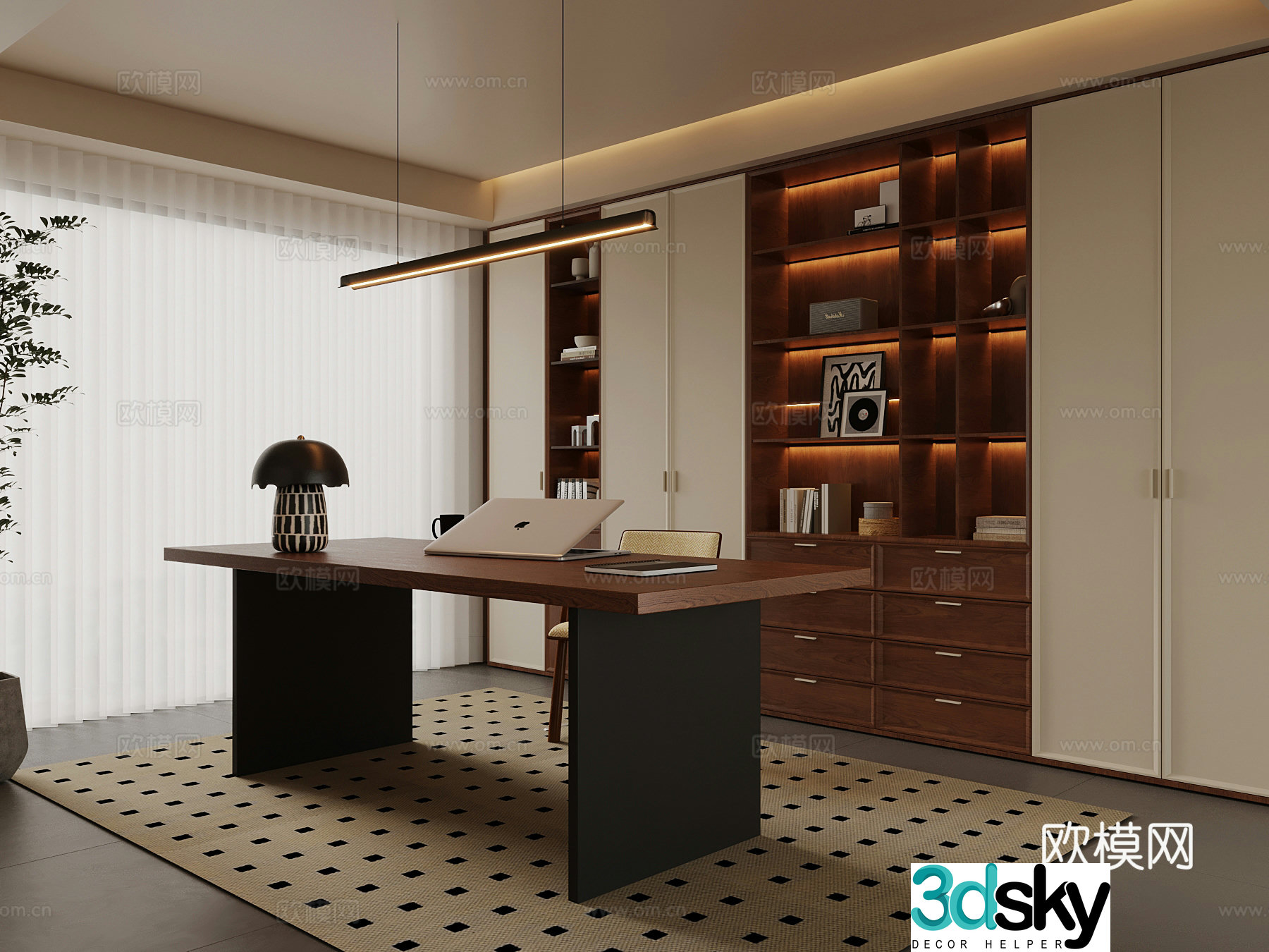 Middle-aged study bookcase desk and chair 3D model