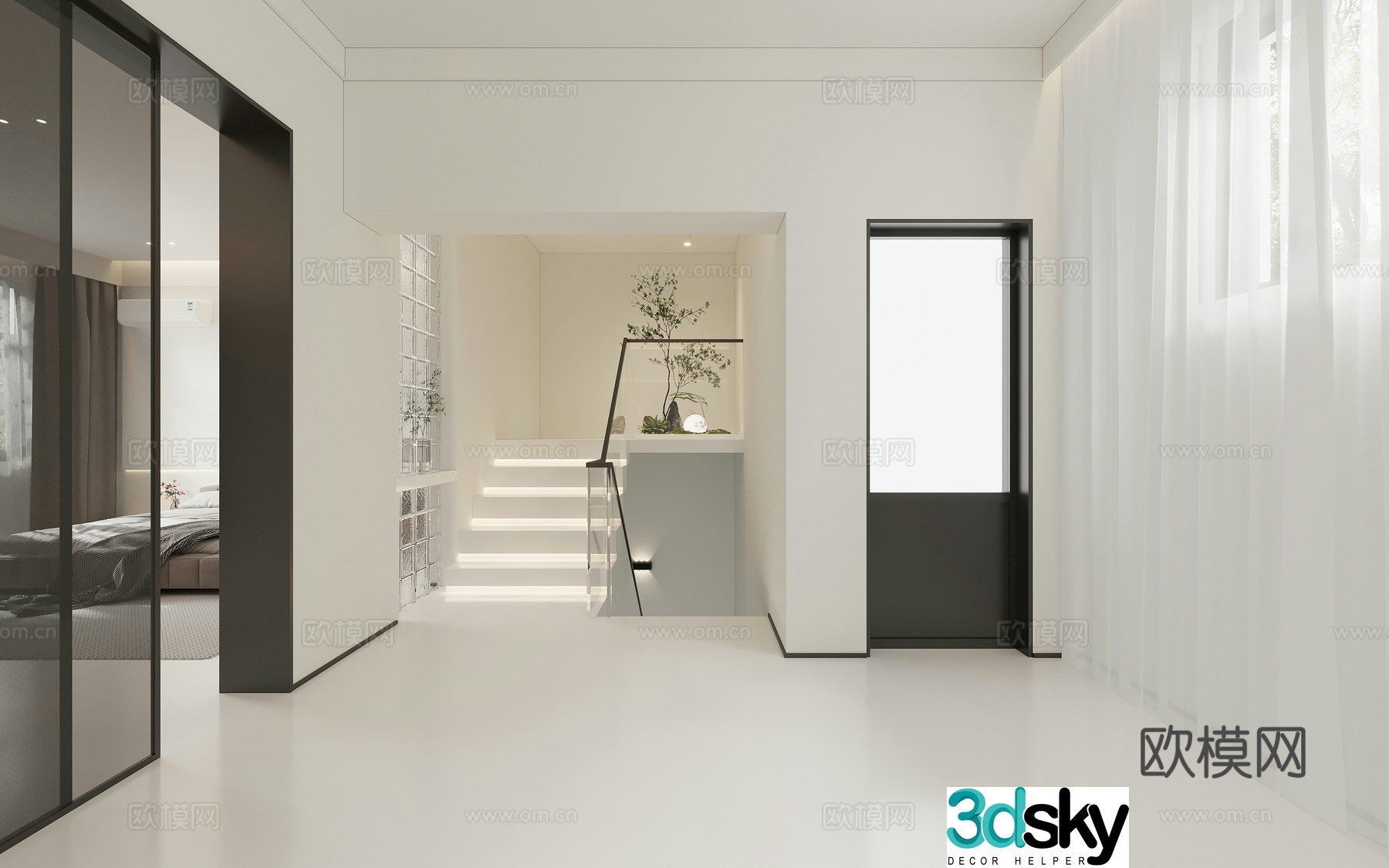 Modern stair landscape landscaping tofu block bed end view entrance staircase glass handrail 3d model