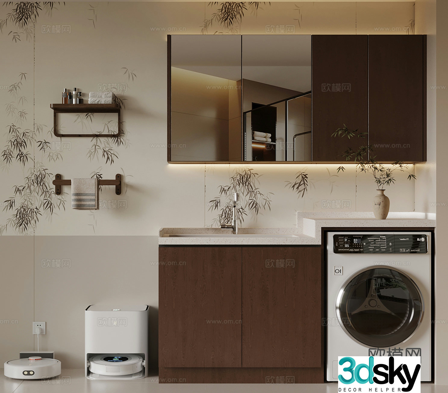 New Chinese style balcony washing machine cabinet bathroom cabinet 3d model