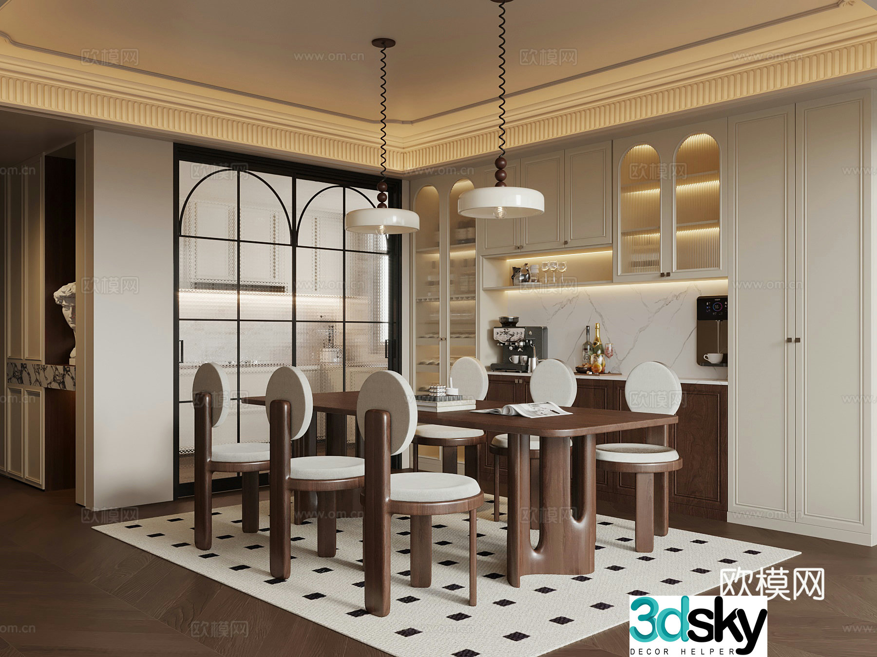 French restaurant wine cabinet dining table and chairs medieval restaurant 3D model