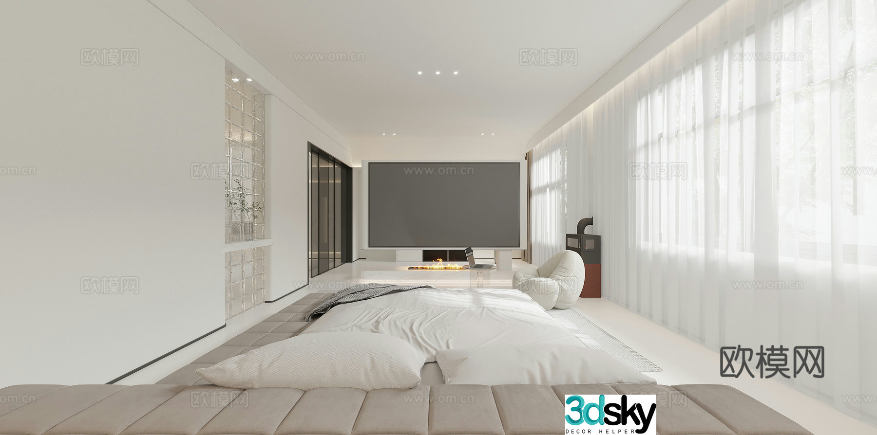 Modern bedroom fireplace cloakroom end view film and television wall sliding door tatami bed 3d model