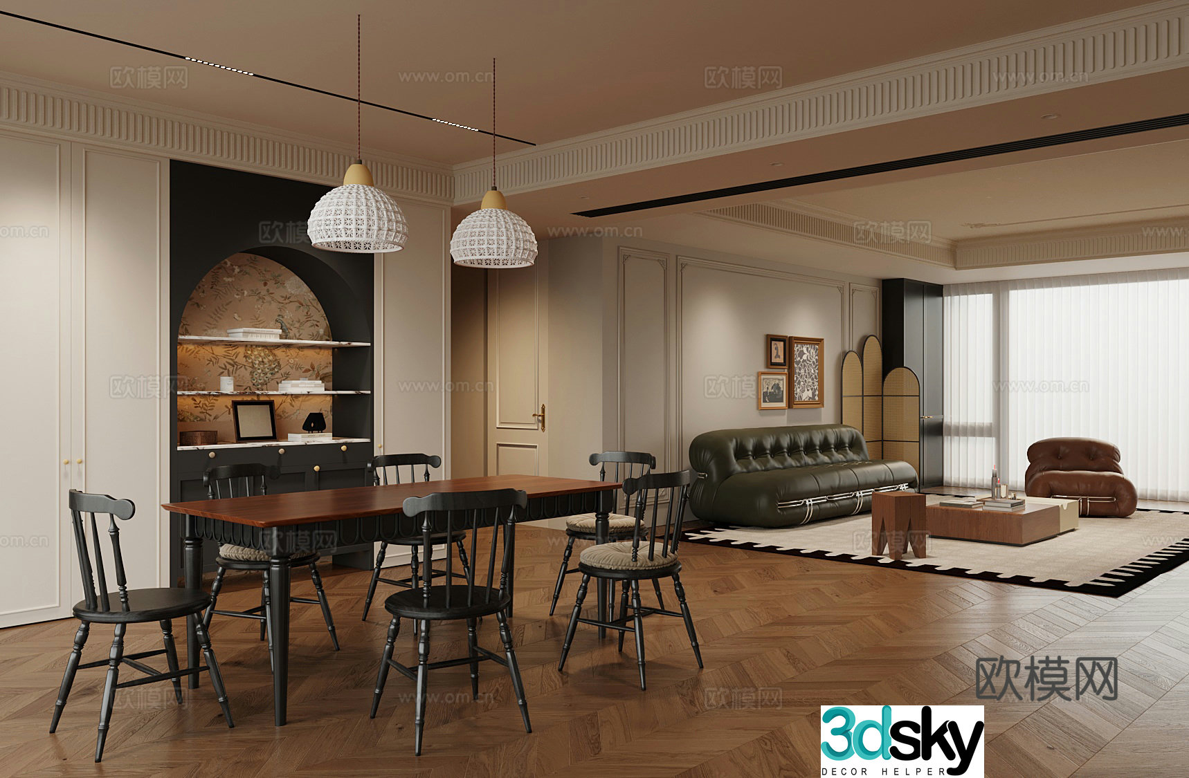 French living room dining room dining table chair wine cabinet sofa combination 3D model