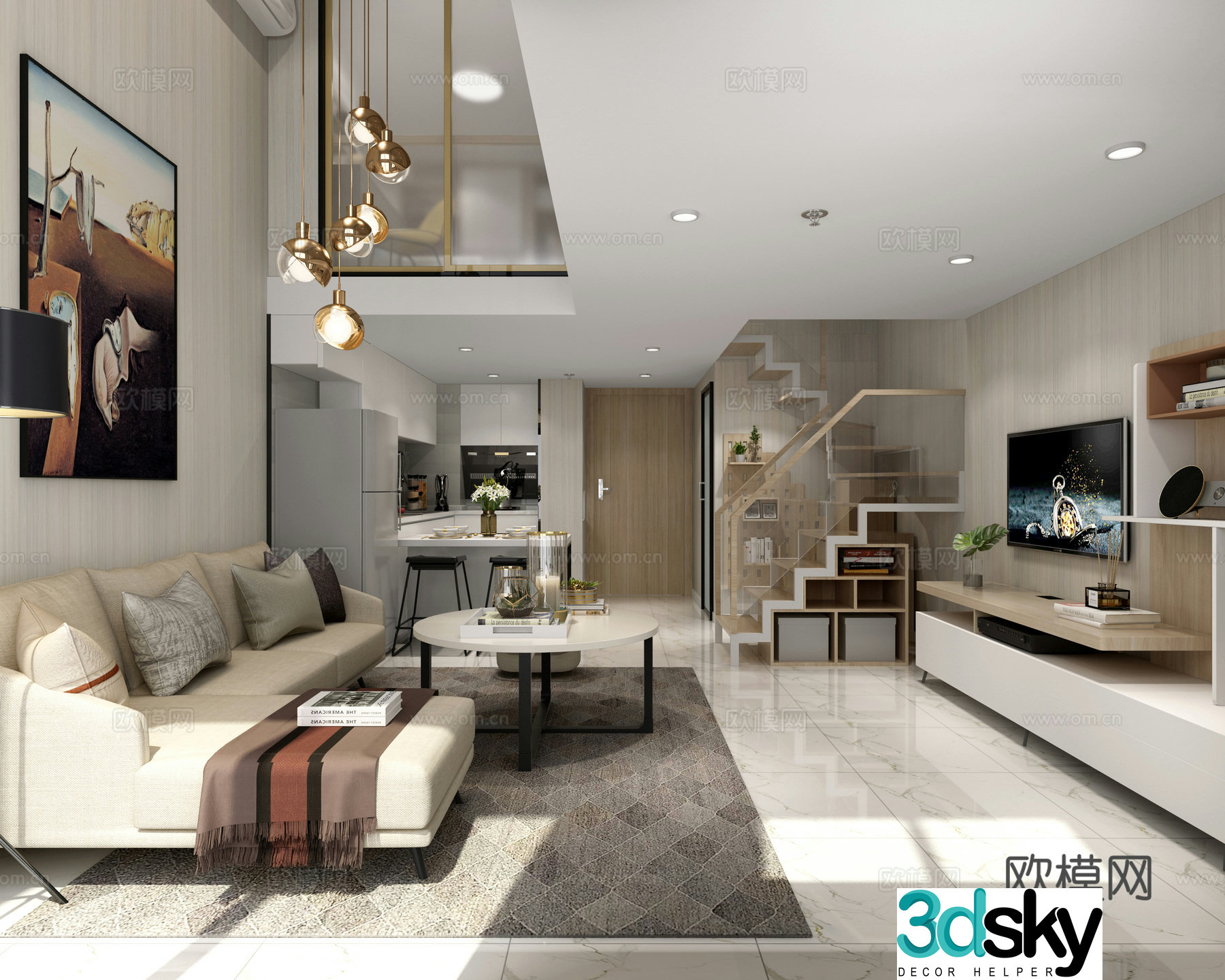 Modern light luxury living room loft living dining room duplex living room sofa TV cabinet dining 3D model