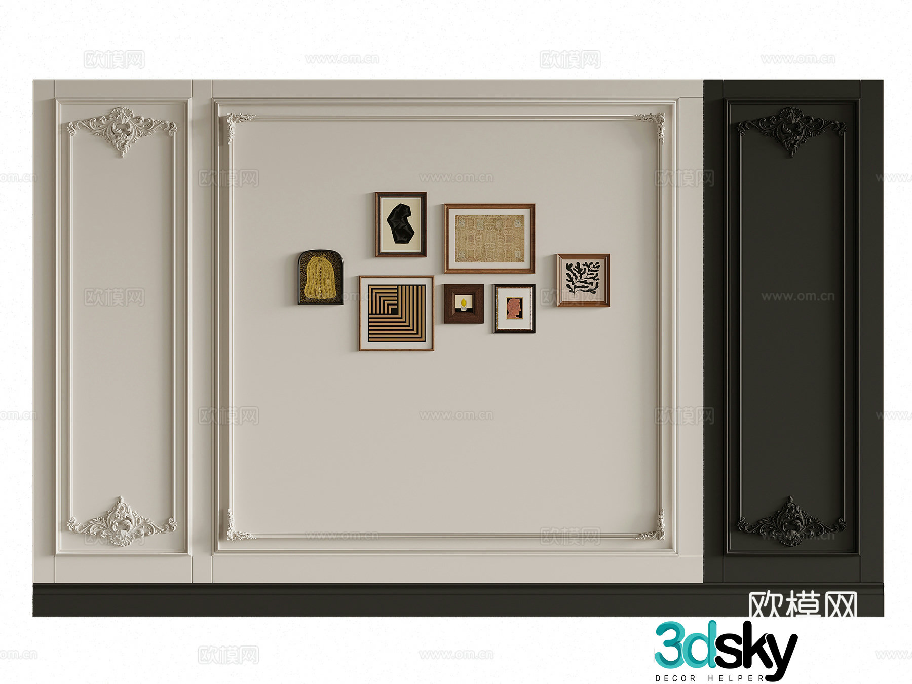 French bedside background wall Sofa background wall carving decorative painting 3d model