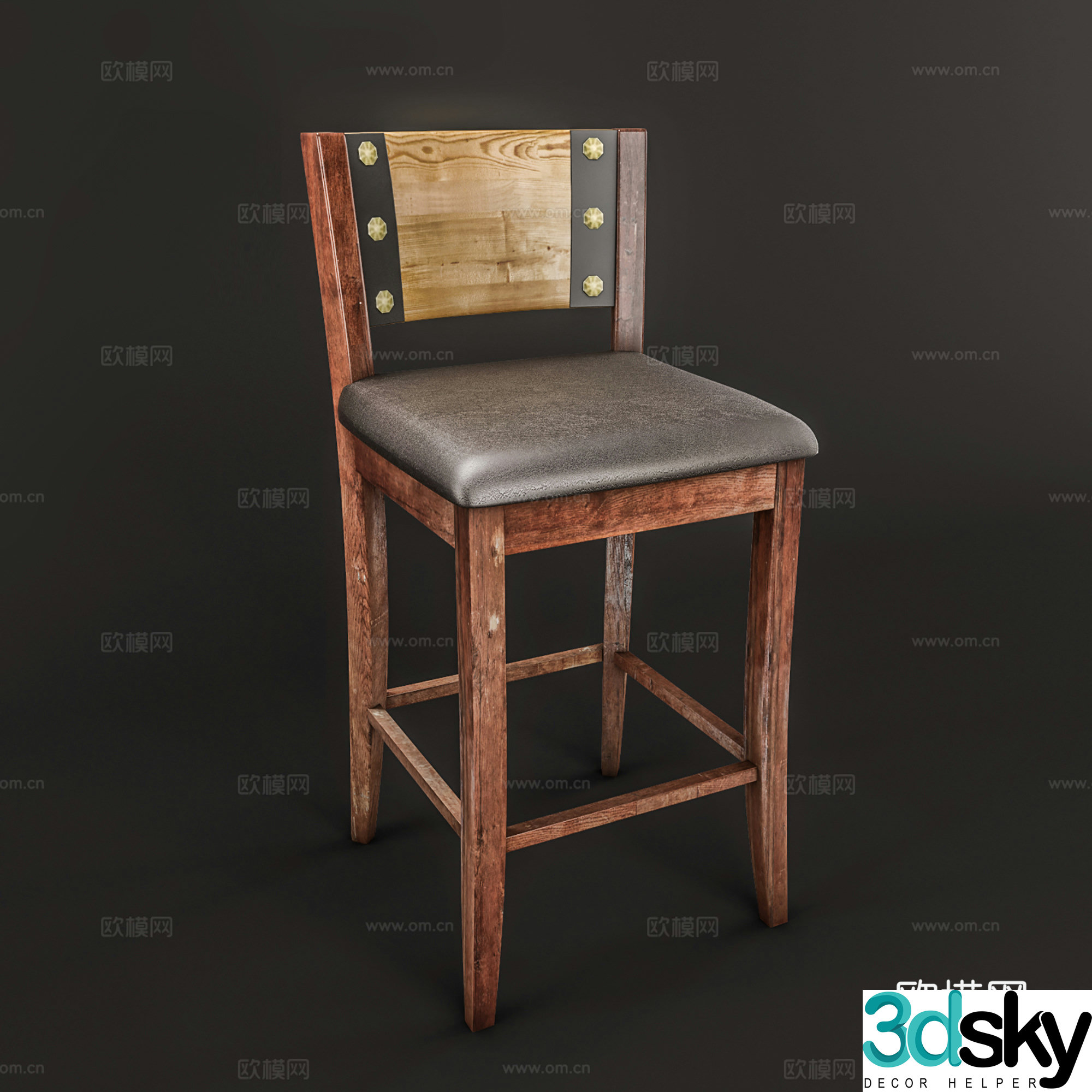 American style bar chair old wooden bar chair cafe restaurant bar chair 3d model