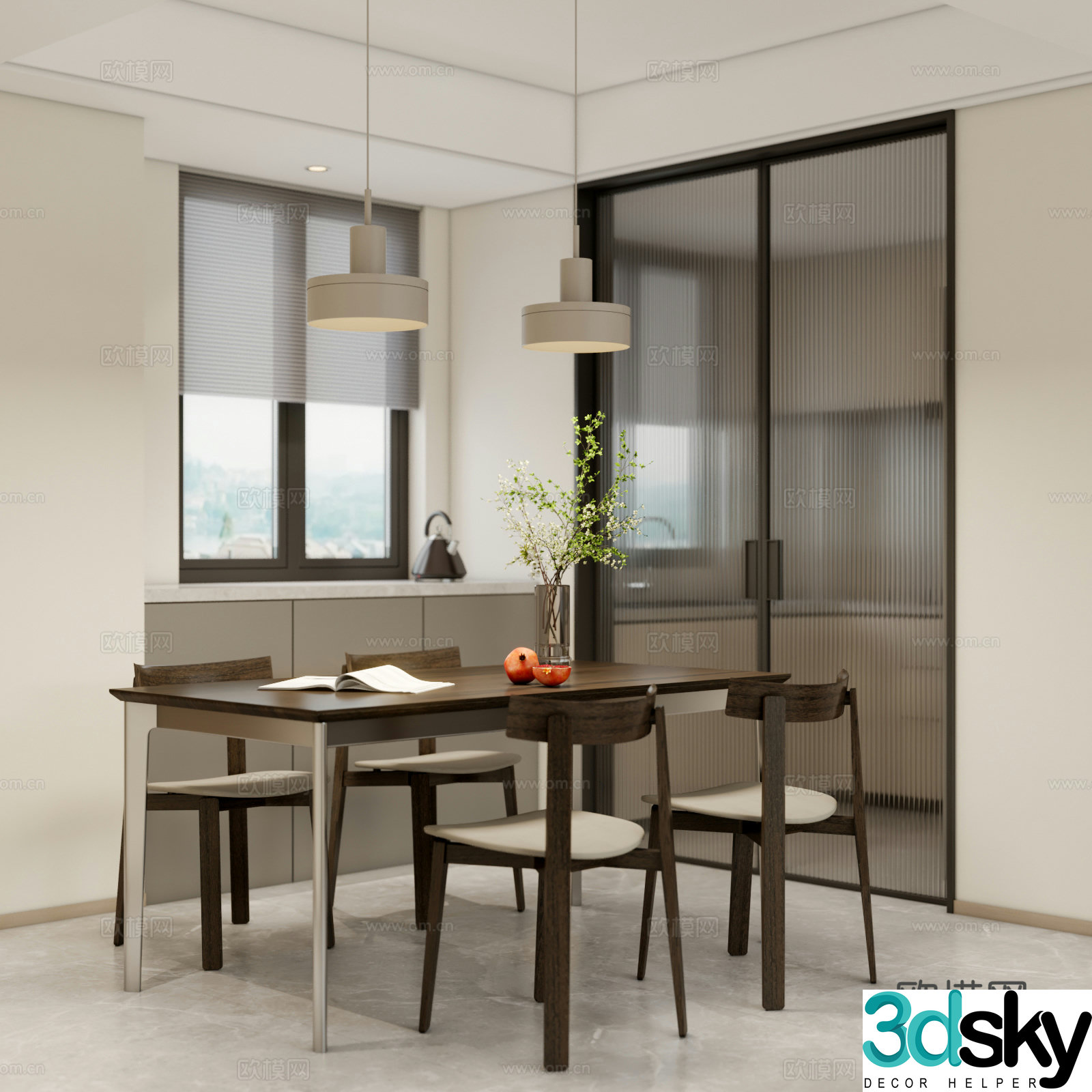 Modern restaurant modern dining table and chairs Changhong glass door 3d model
