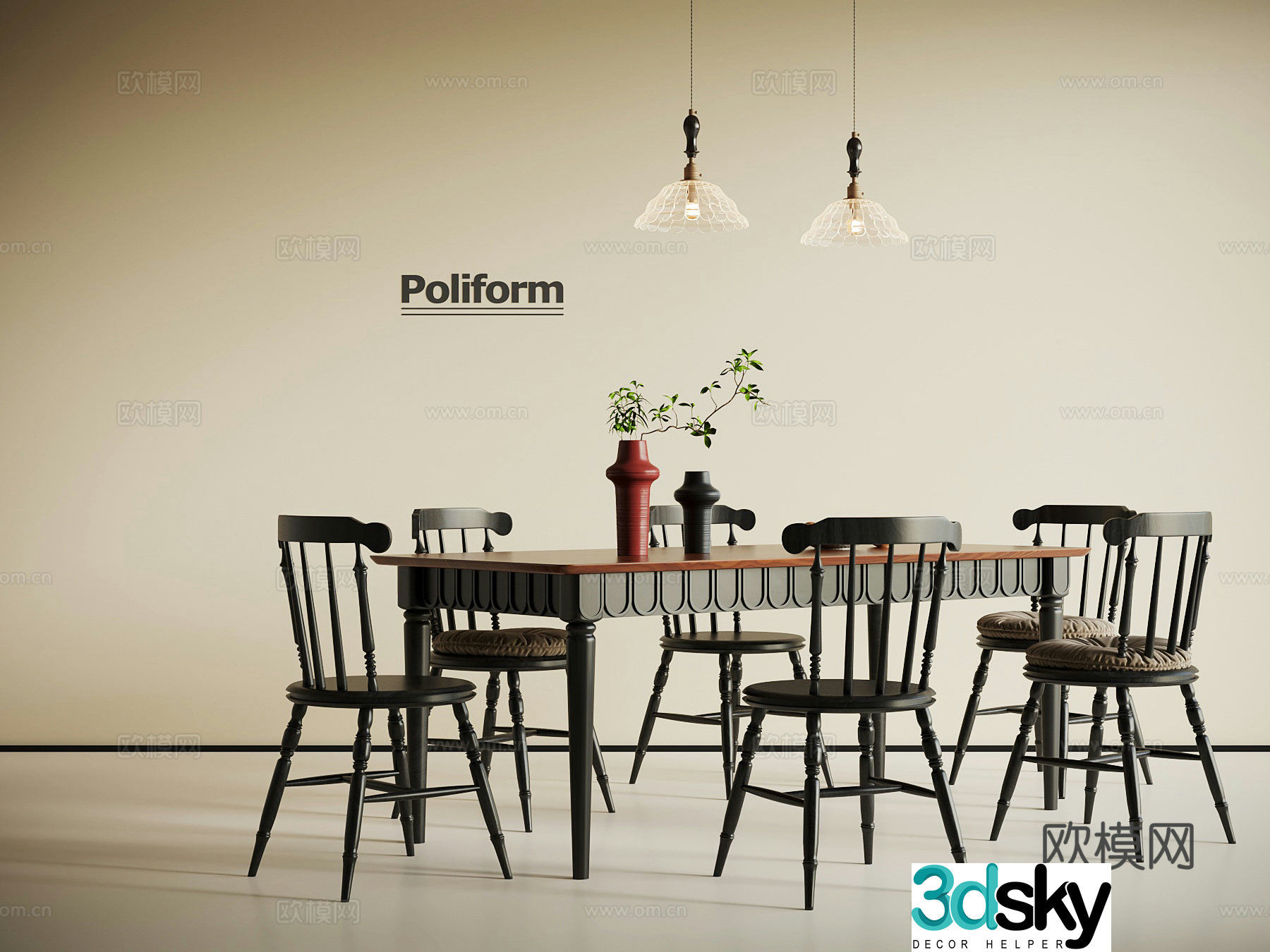 French dining table and chair chandeliers 3d model