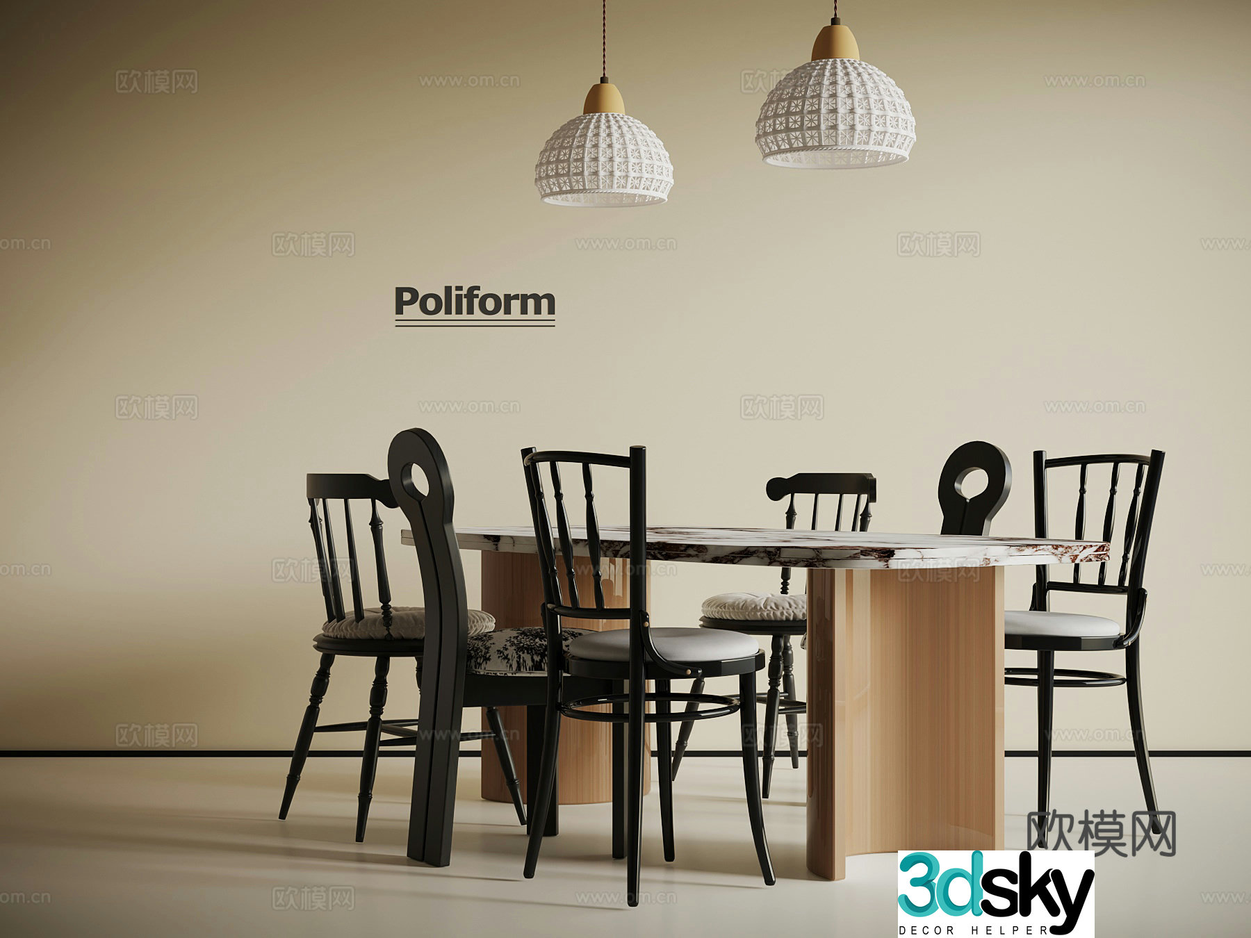 French dining table and chair chandeliers 3d model