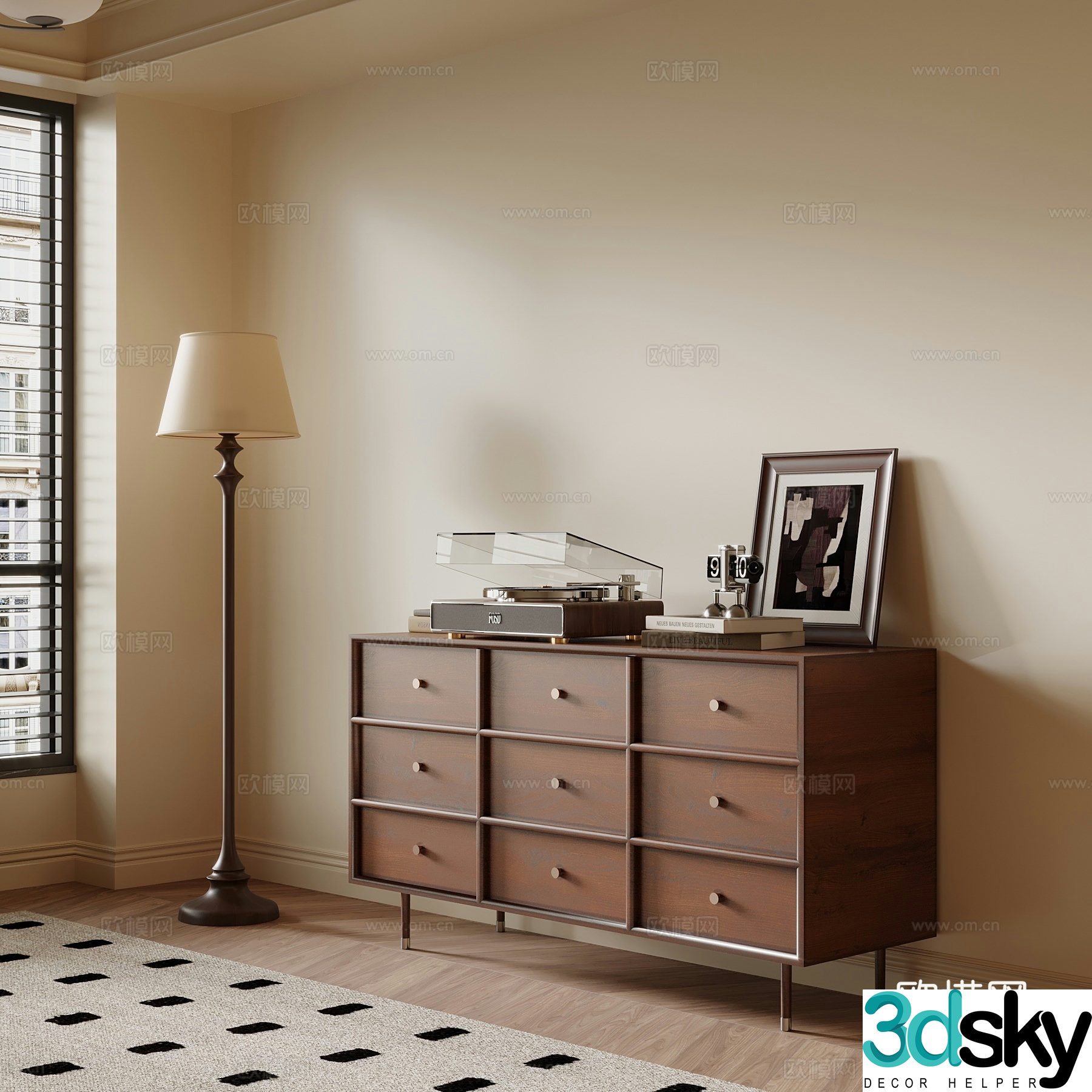 Middle-aged side cabinet entrance cabinet floor lamp 3D model