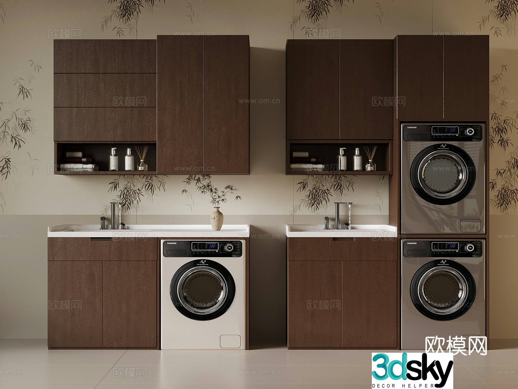New Chinese style balcony washing machine cabinet bathroom cabinet 3d model
