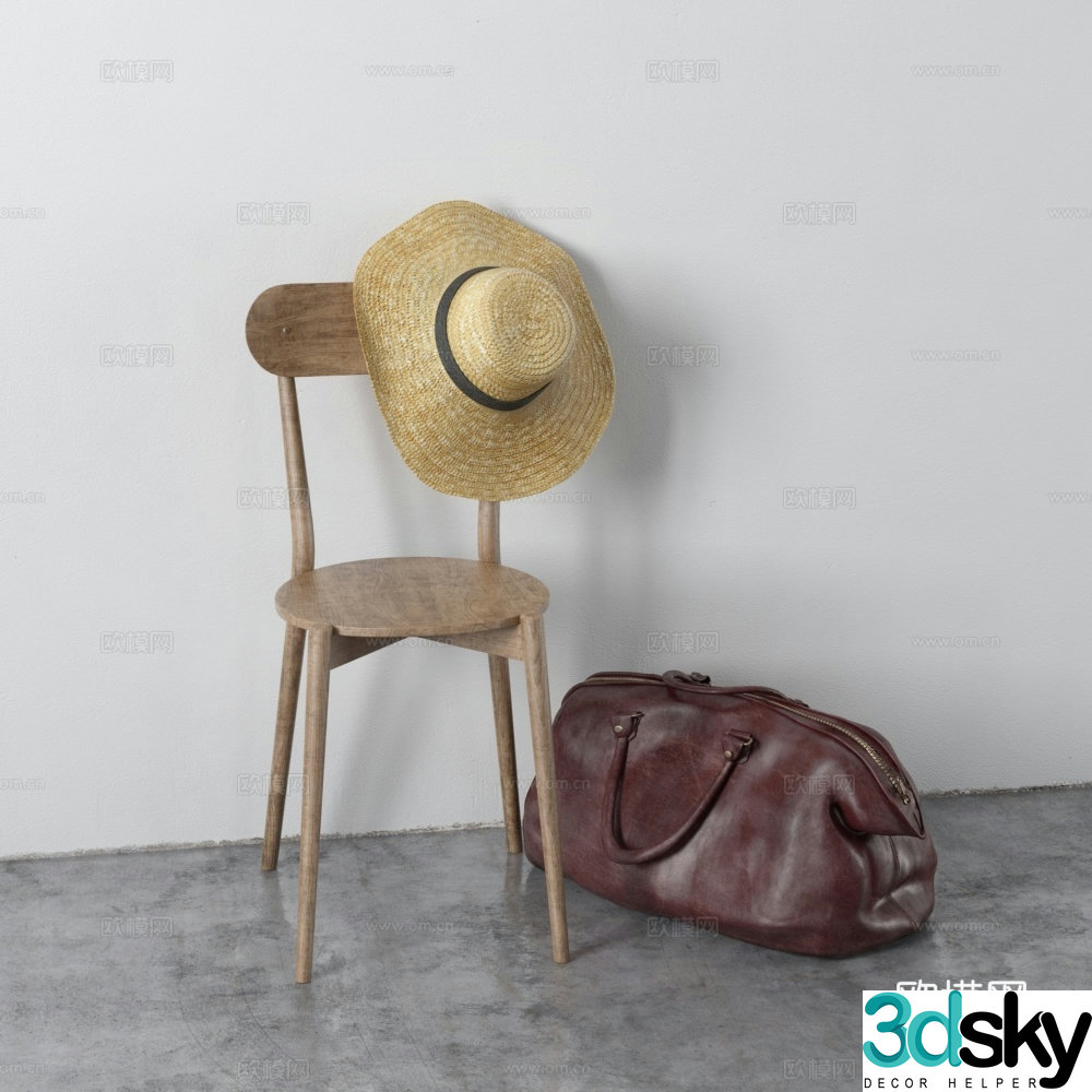 Log wind single chair wooden chair hat cross bag 3d model