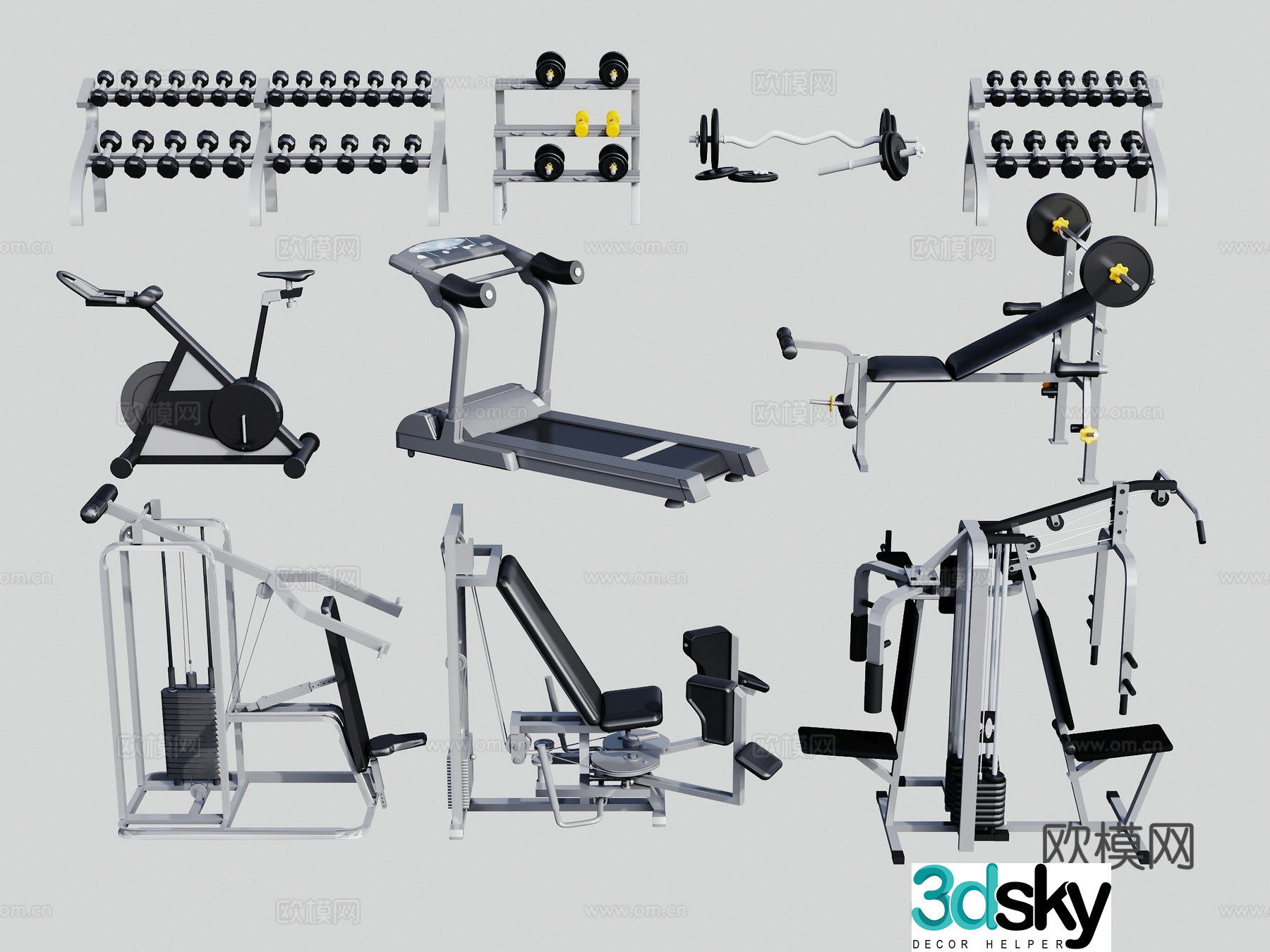 Modern fitness equipment exercise equipment dumbbell treadmill power station 3d model