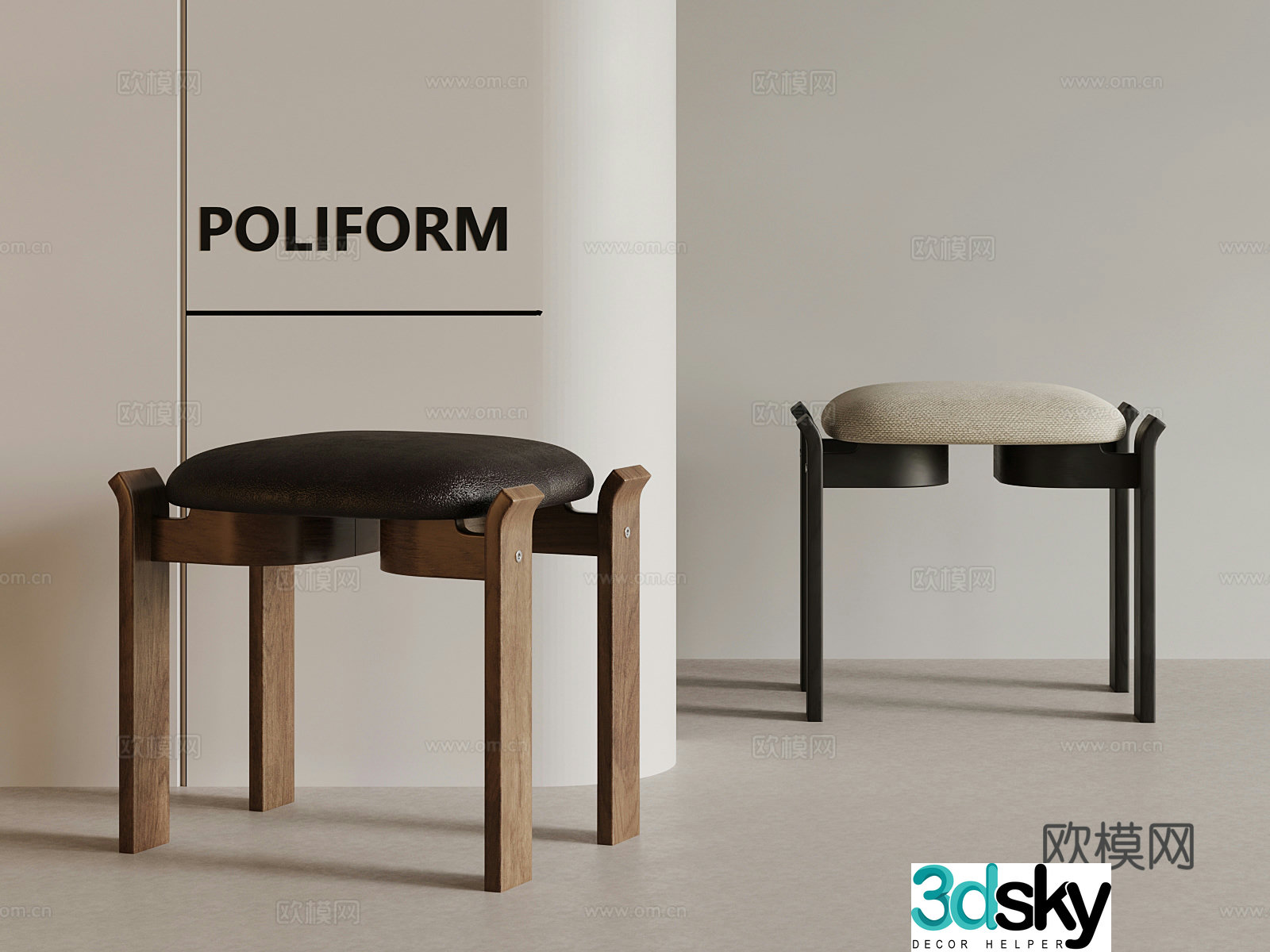 Middle-aged style stool square stool wooden stool 3d model