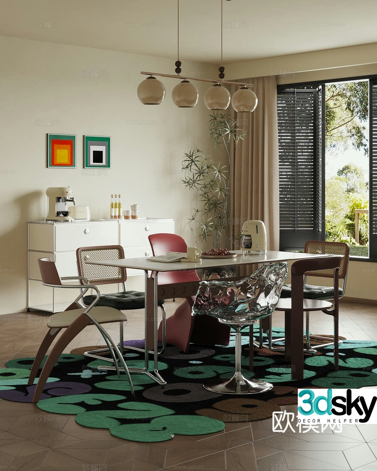Middle style restaurant dining table and chairs sideboard 3D model