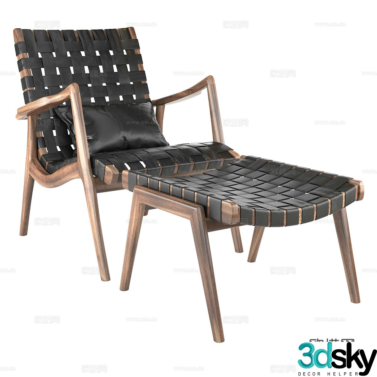 Modern Italian leather rattan wooden leisure chair 3d model