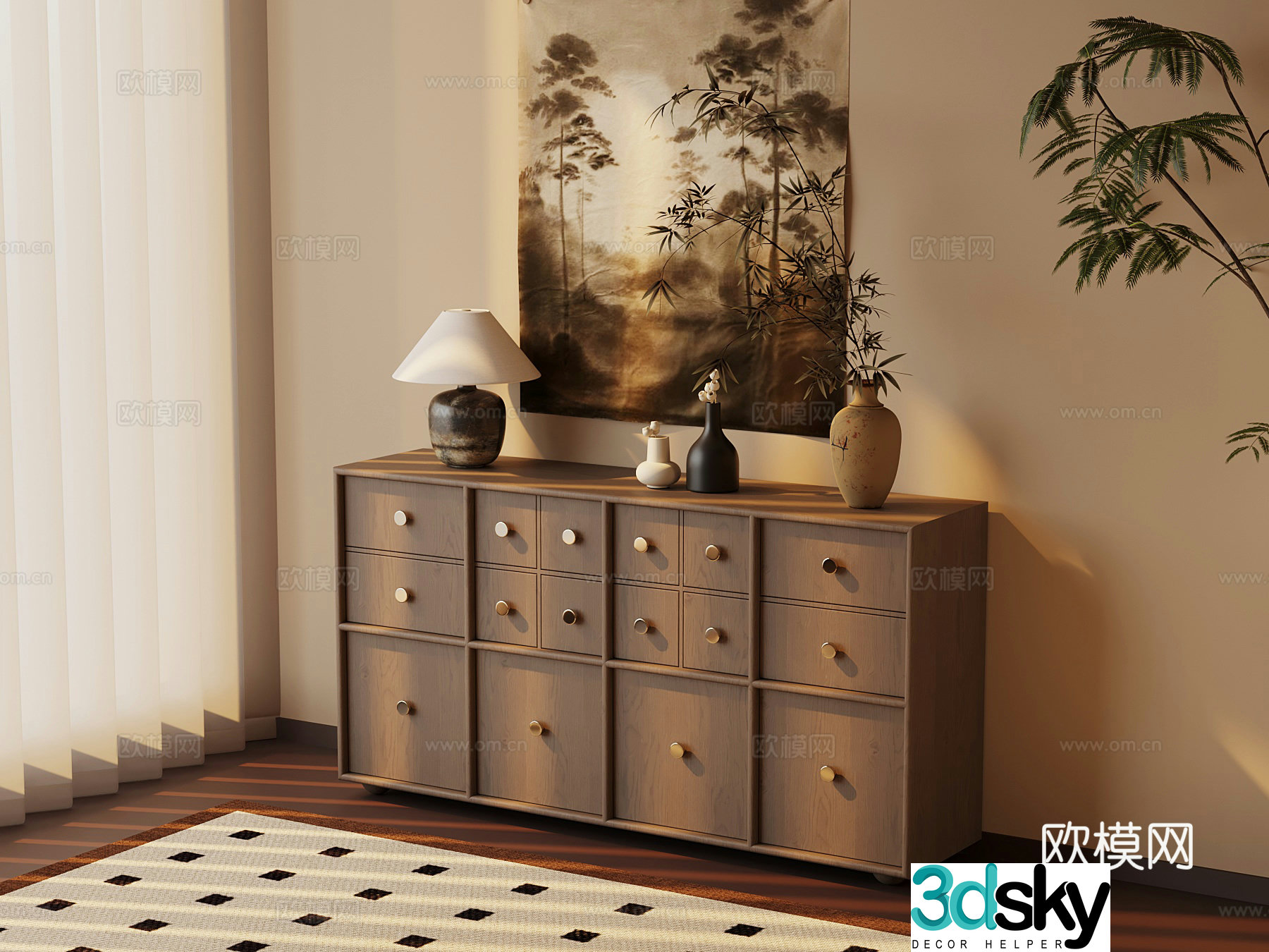Middle-aged style entrance cabinet side cabinet end view cabinet 3D model