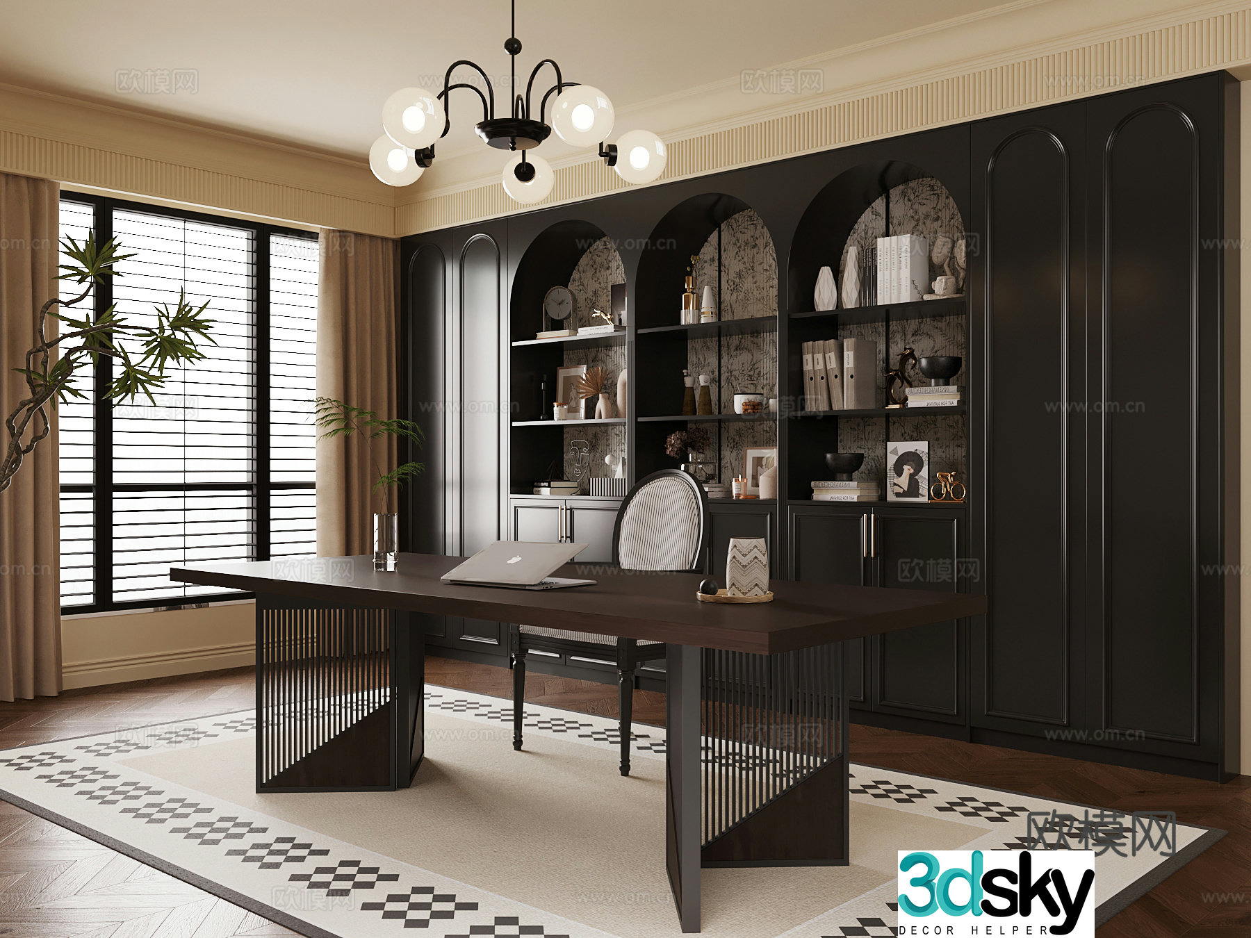 Study room French study desk chair bookcase 3d model