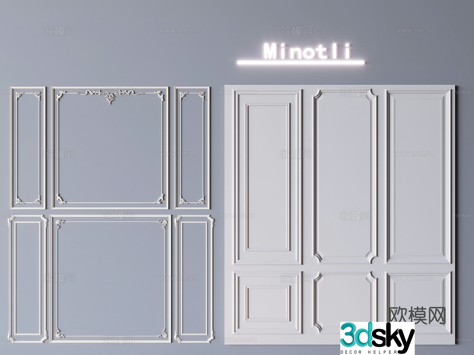 French gypsum decorative lines carved corner flowers gypsum component background wall French wainscot wall trim 3D model