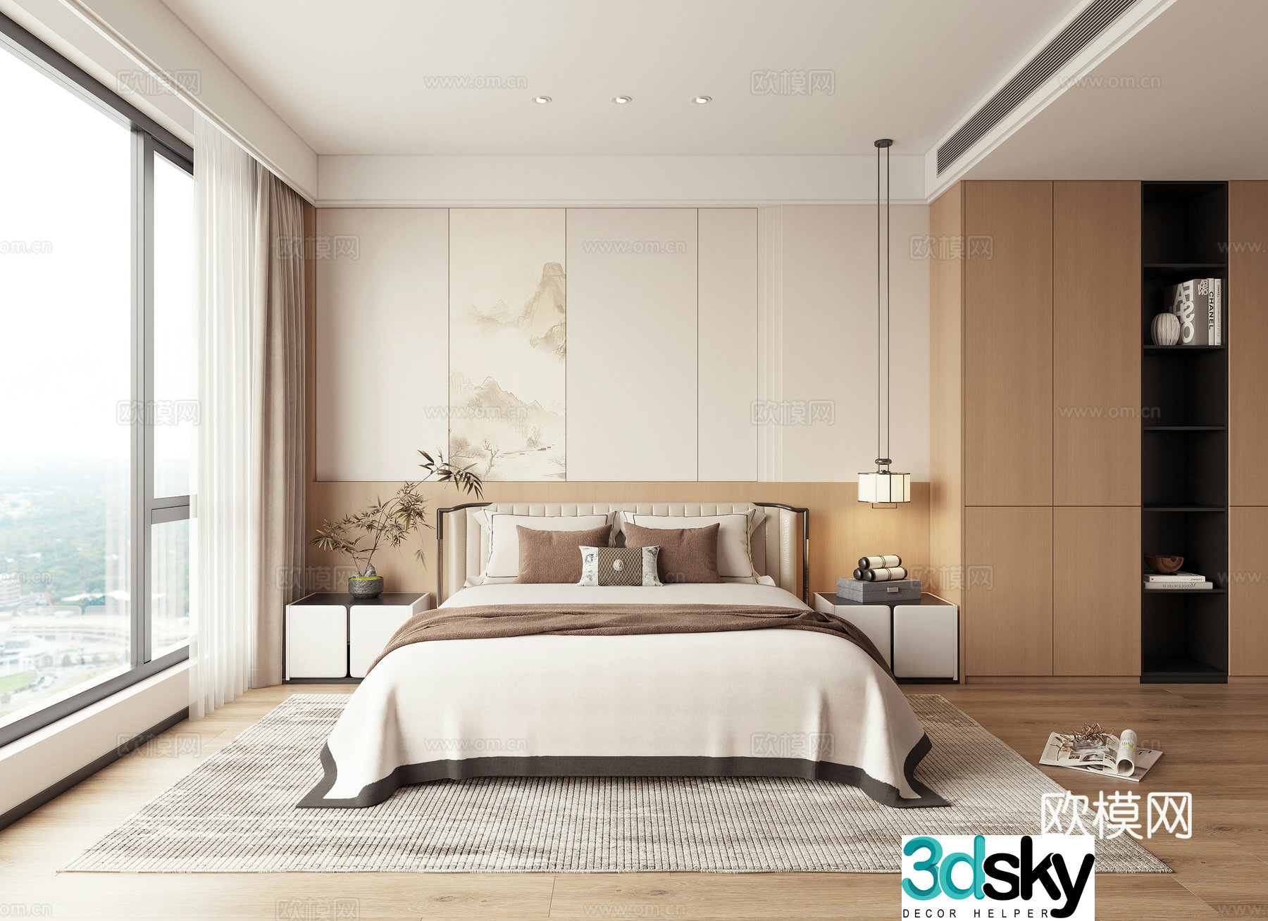 New Chinese style Zen bedroom master bedroom second bedroom double bed nightstand 3D model