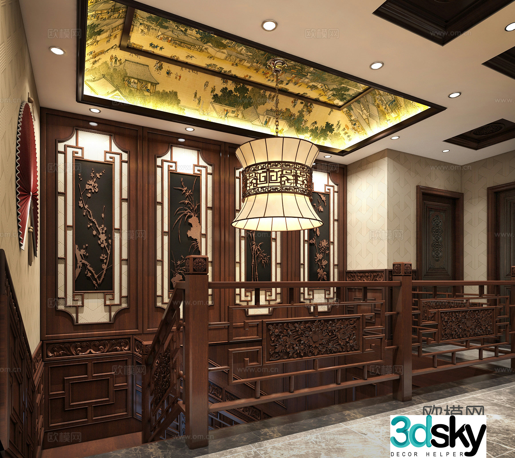 Chinese-style solid wood staircase Qingming River map wall panel 3D model